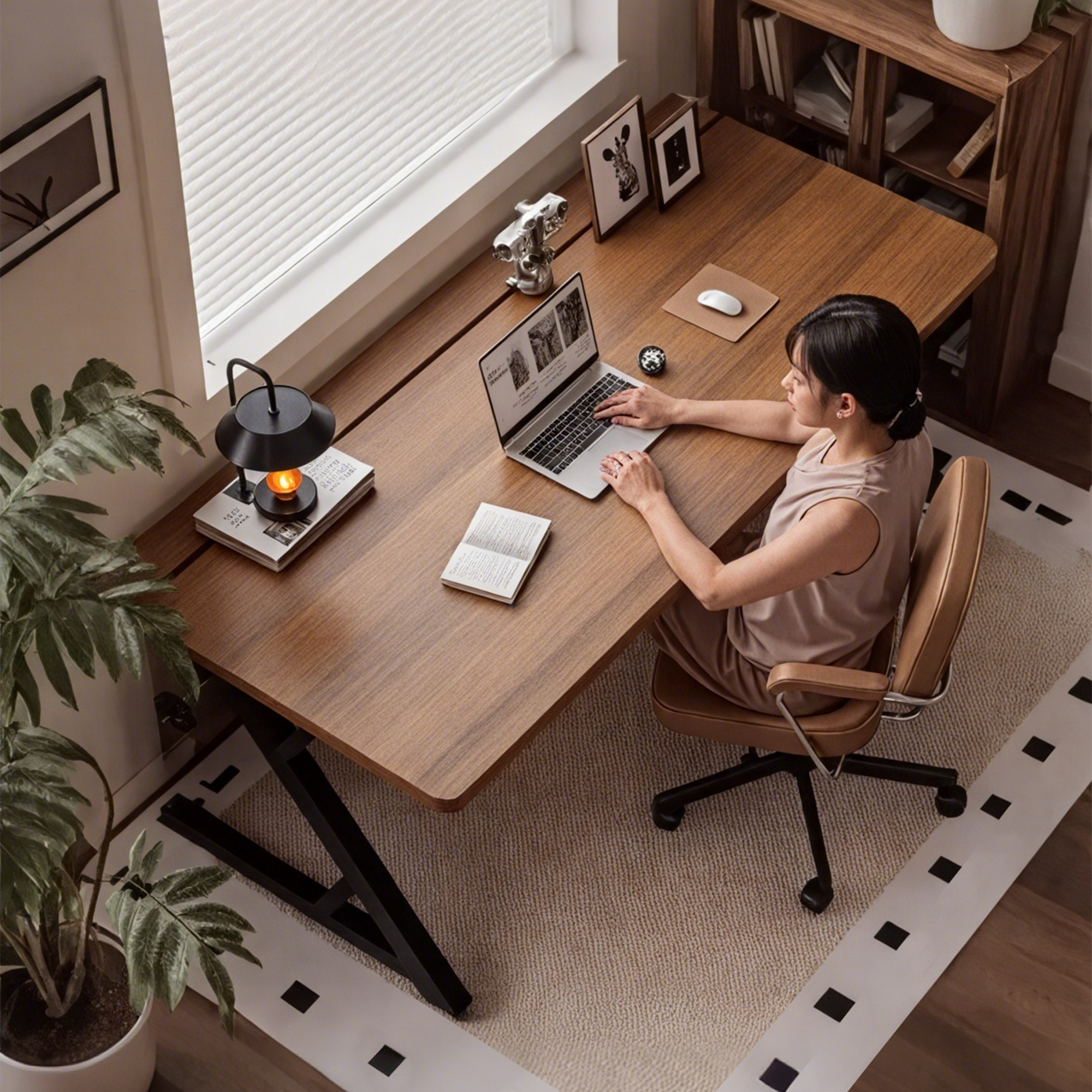 Spacious walnut S3 Gaming Desk with a person on laptop, brown leather chair, and clean modern home office decor.
