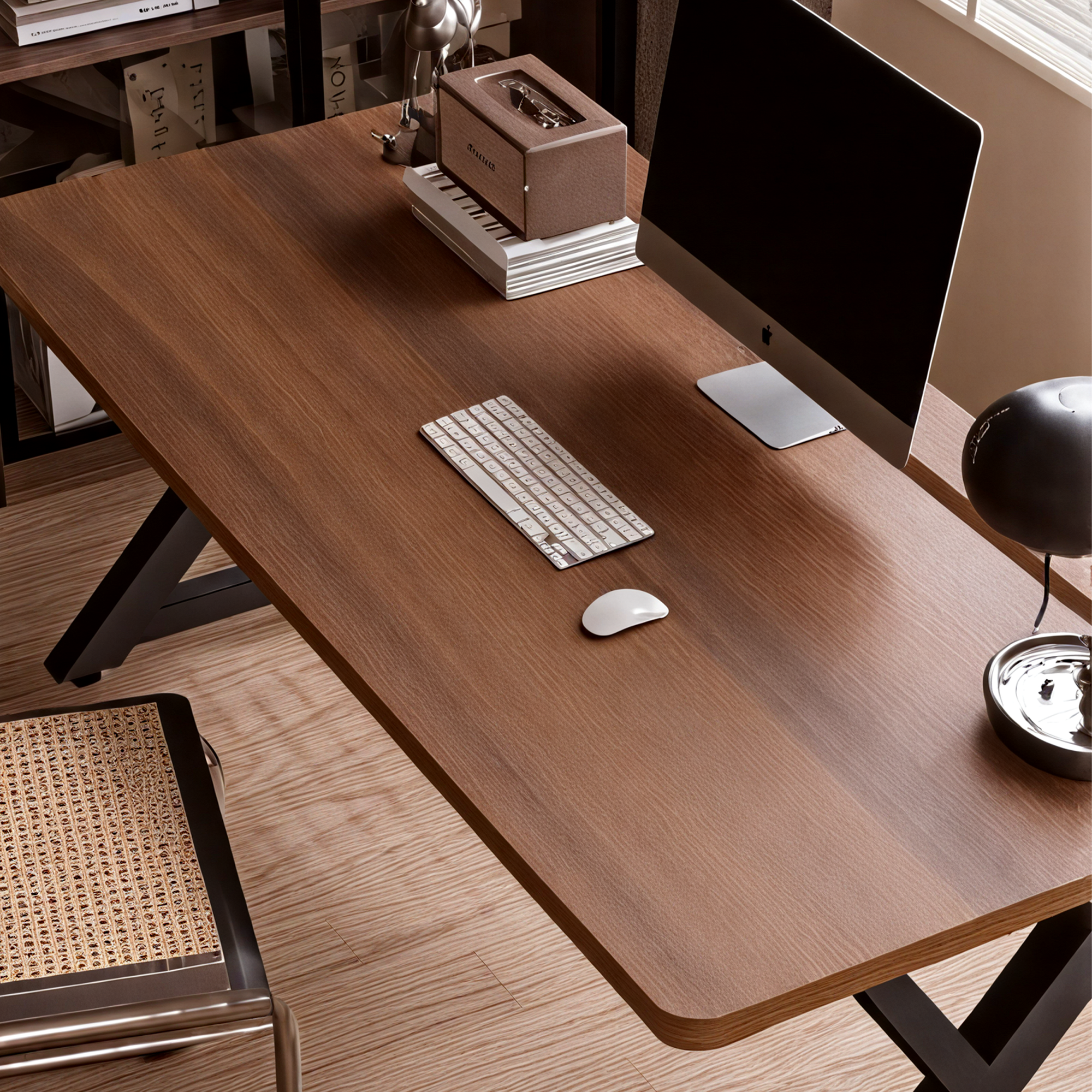 Walnut S3 gaming desk with black metal X-shaped legs and a rich wood grain finish.