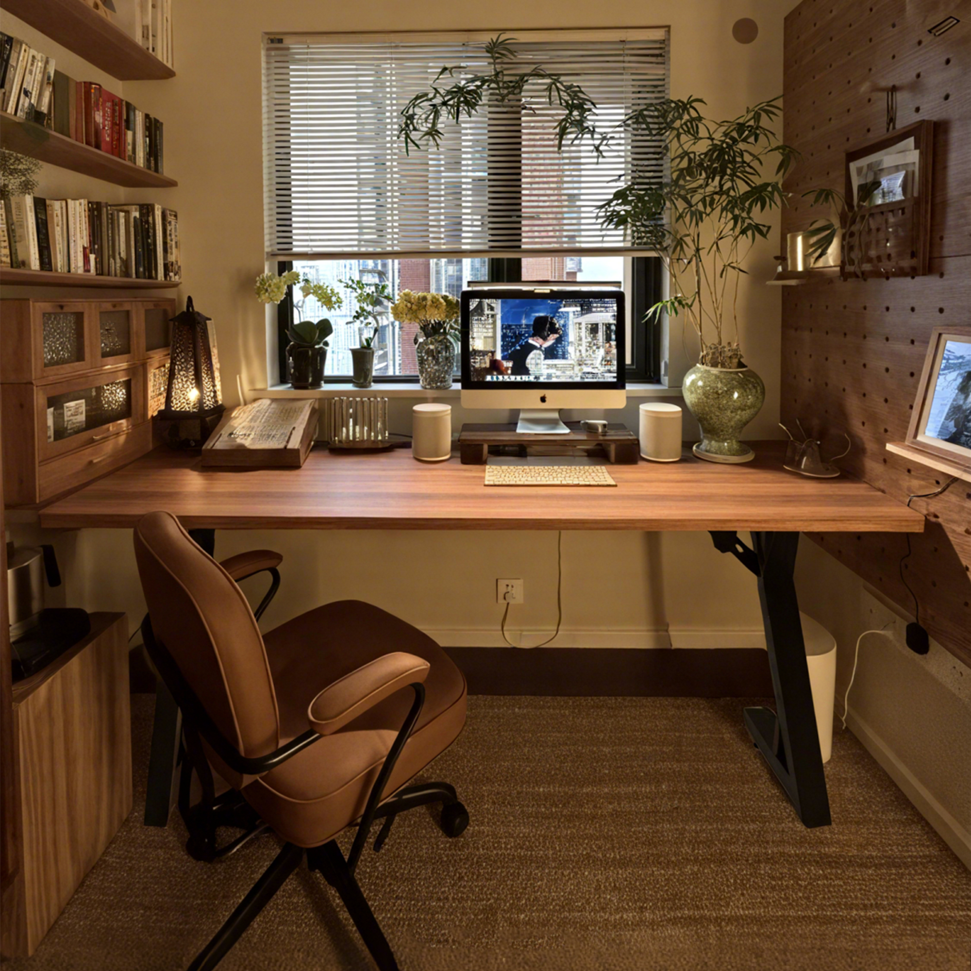 Walnut S3 Gaming Desk with black legs, featuring a computer setup in a stylish home office.