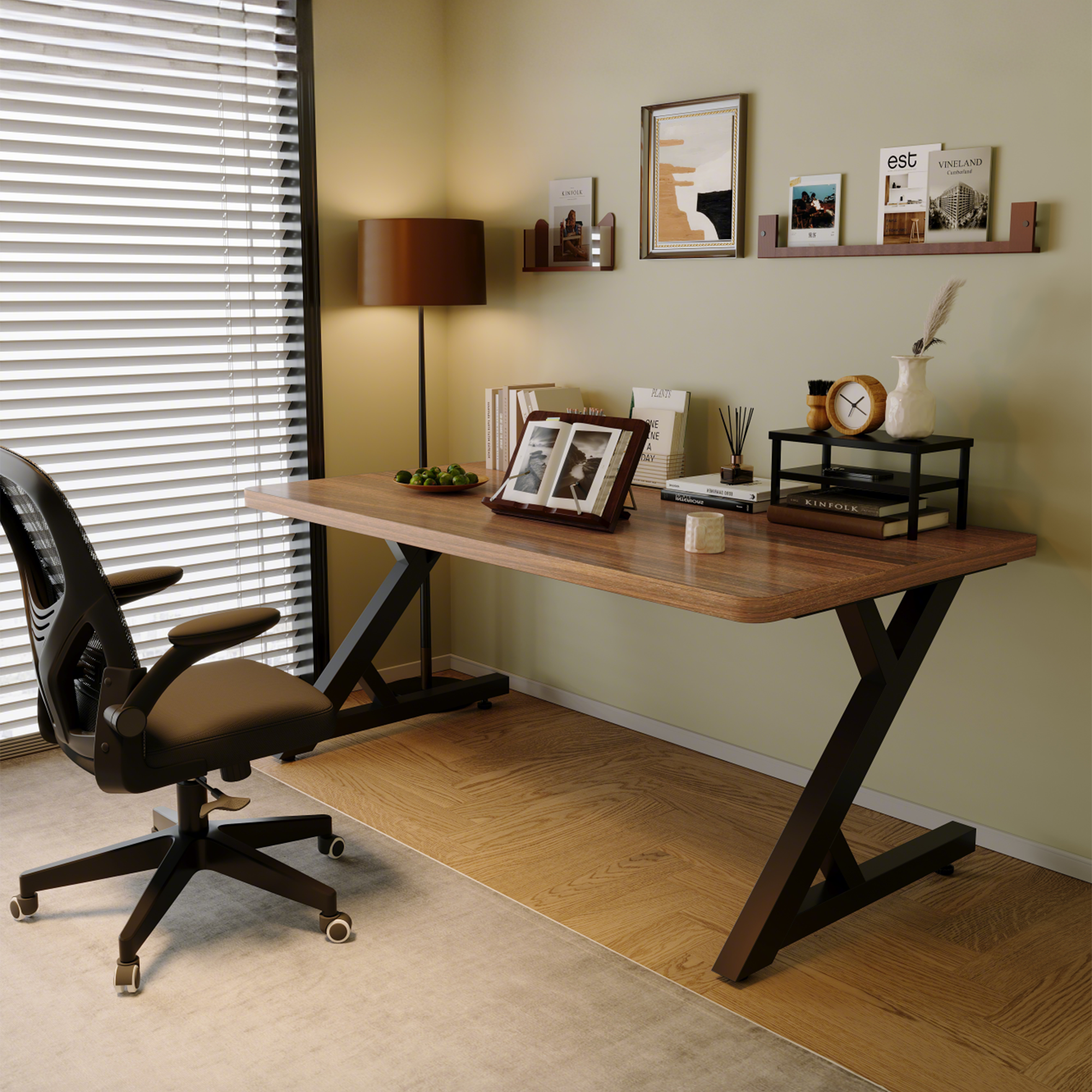 S3 Walnut gaming desk with rich brown wood top and unique Z-shaped black metal legs.