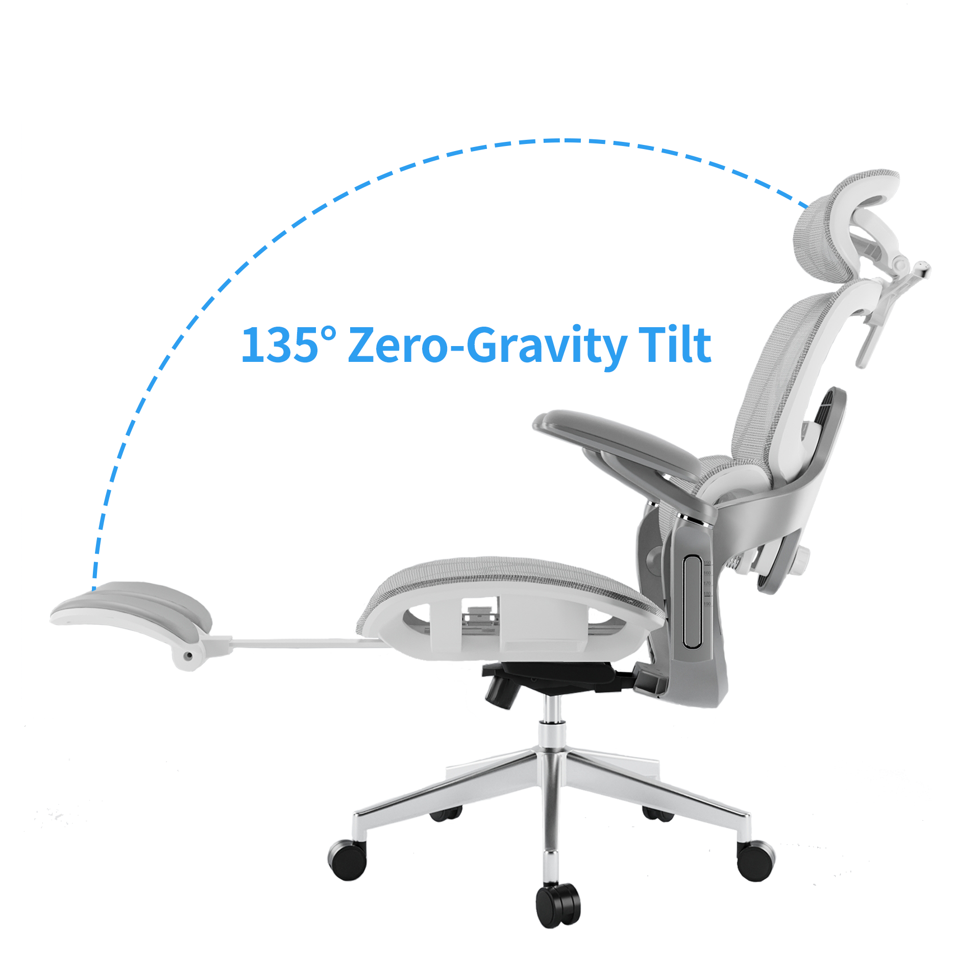 White/grey mesh Sylph Ergonomic Chair with 135° Zero-Gravity tilt and extended leg rest.