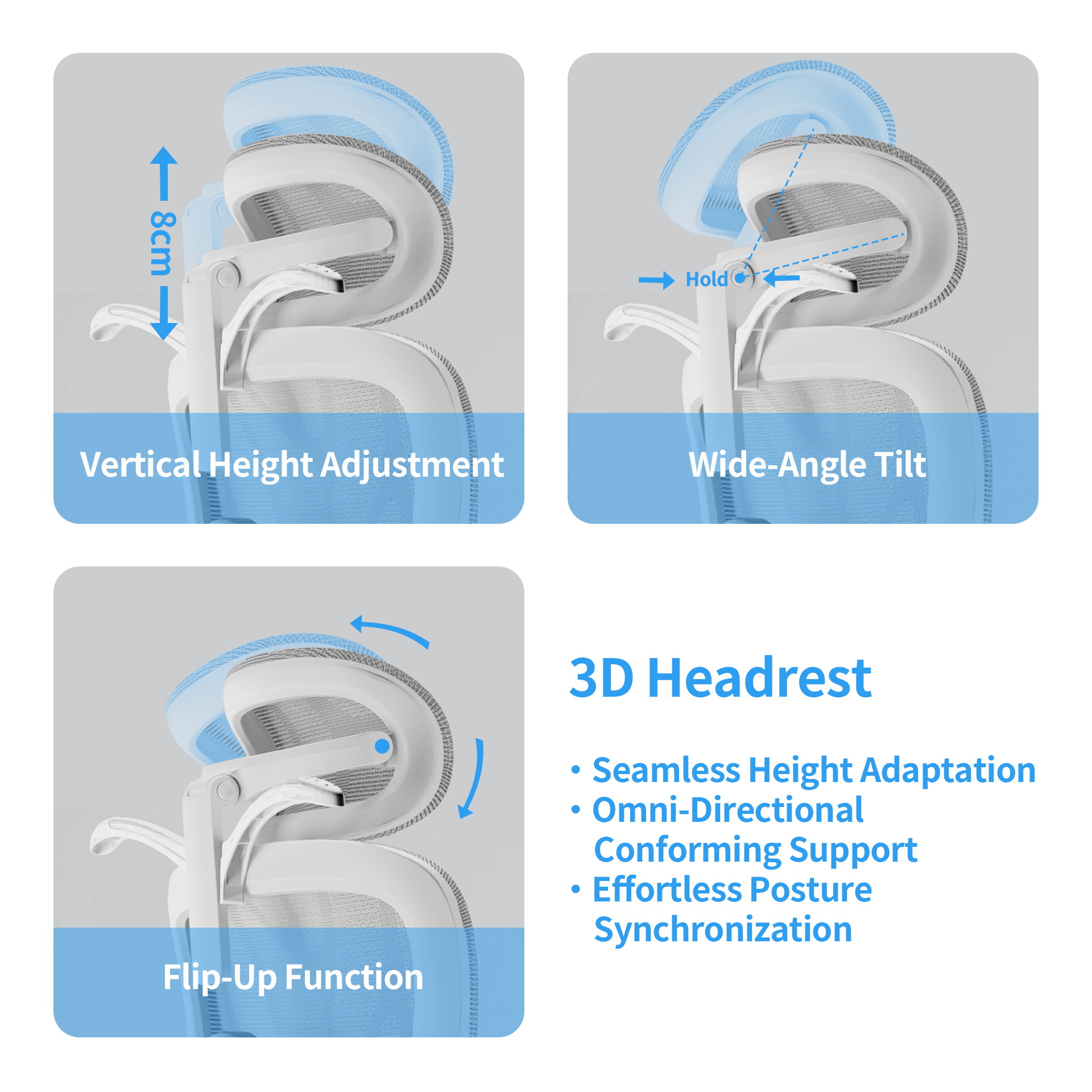 White ergonomic ergonomic chair headrest with mesh, demonstrating 3D vertical height (8cm), wide-angle tilt, and flip-up functions.