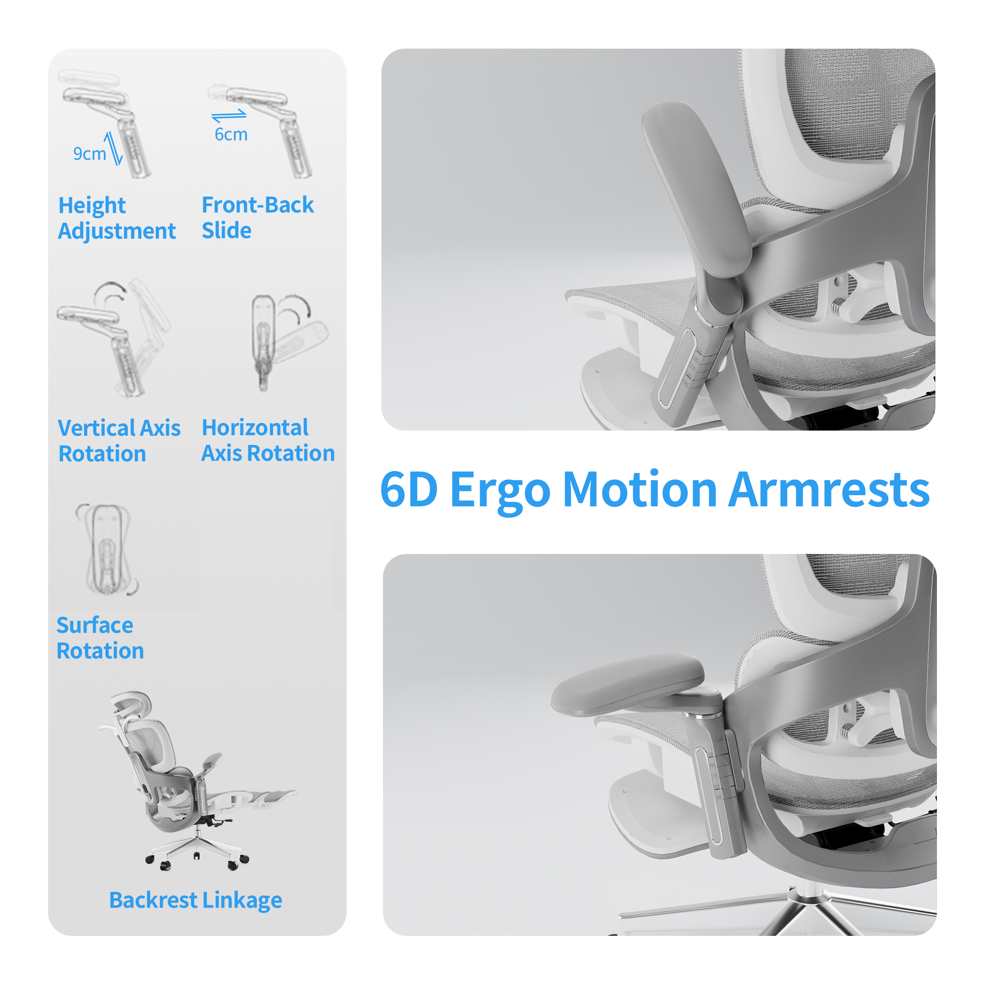 6D PU armrests with height, depth, rotation, and linked backrest movement – full elbow support in Aerlume Sylph chair
