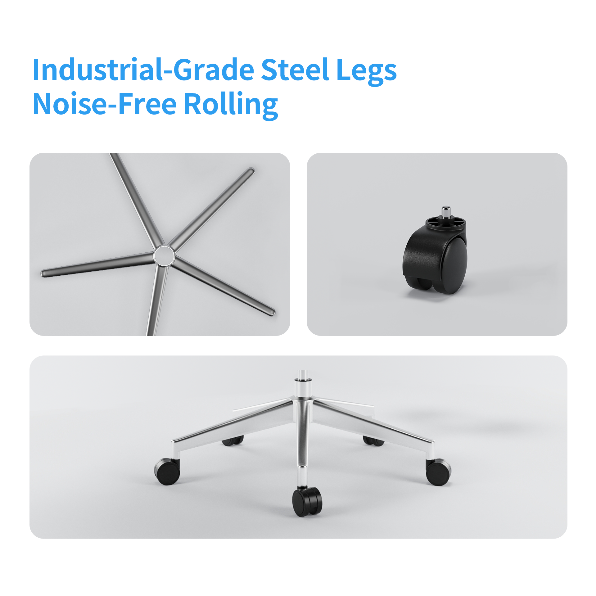 Sylph ergonomic chair industrial-grade steel legs with black noise-free rolling casters.