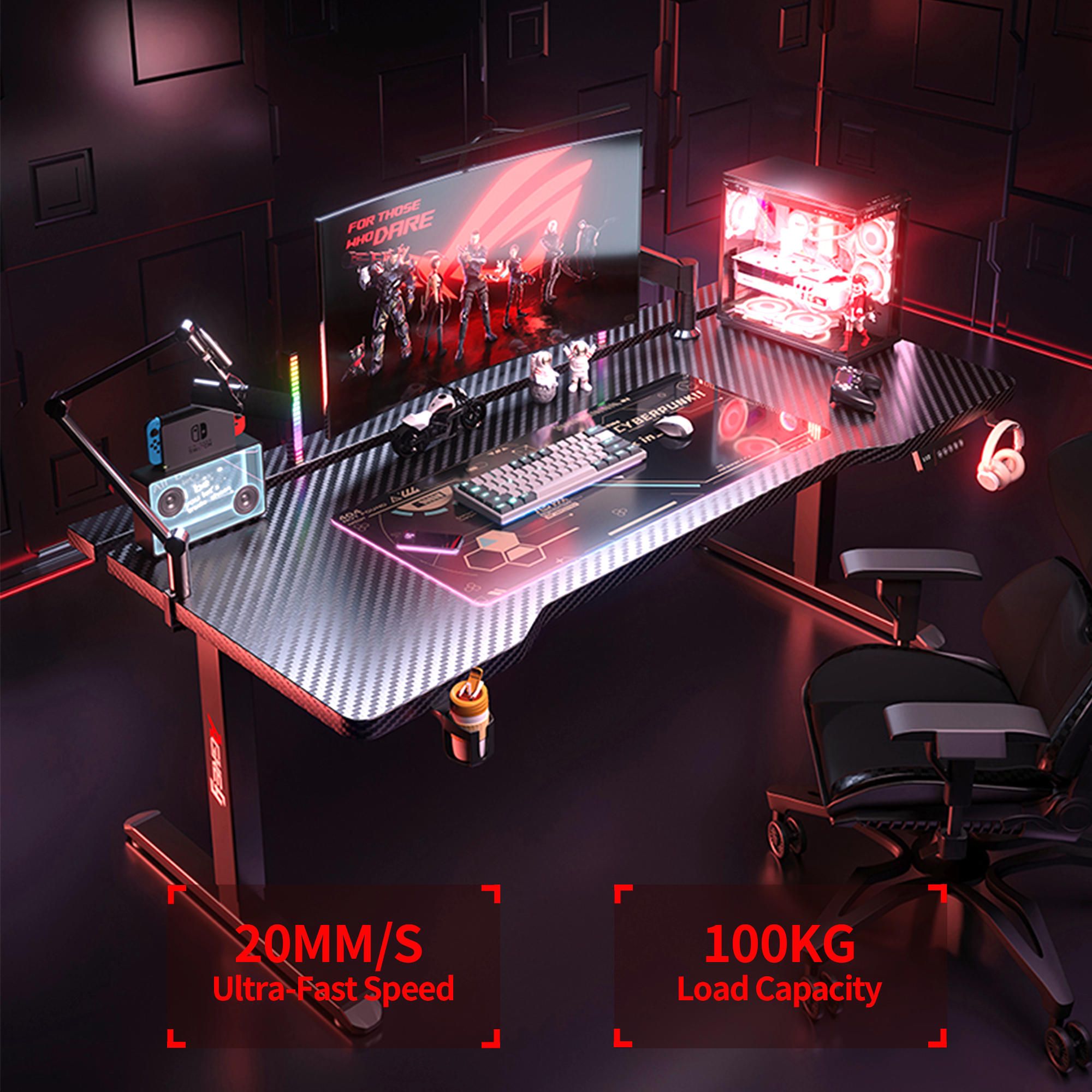 Black K1 electric standing desk with carbon fiber pattern top, red RGB lighting, gaming setup & chair.