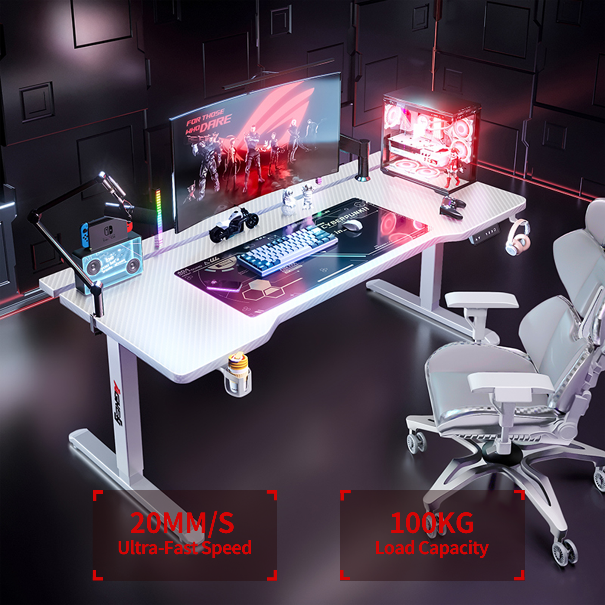White K1 Electric Standing Desk with carbon fiber pattern top, illuminated gaming PC setup, and ergonomic chair.