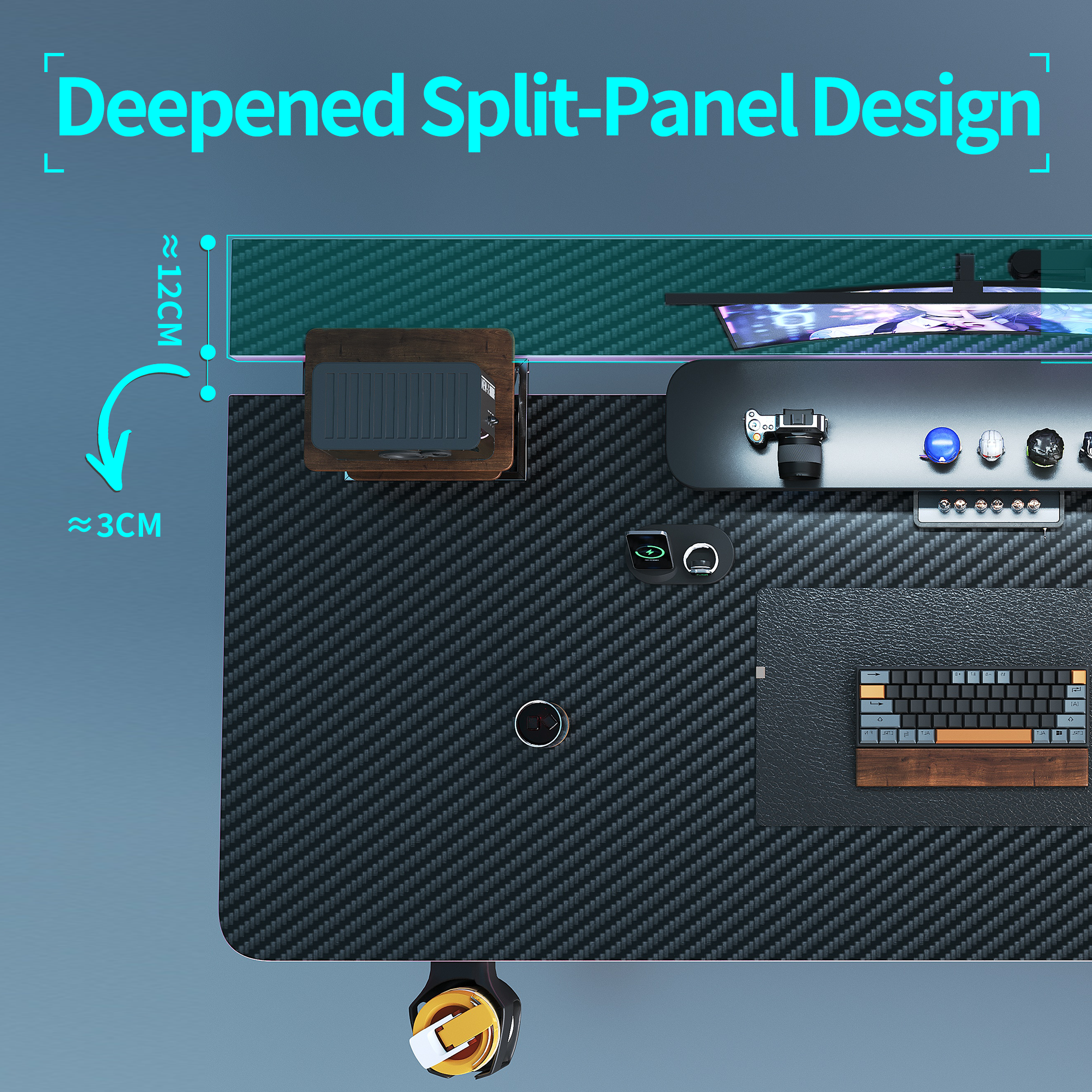 Top view of the split-panel gaming desk showing the deepened front section and carbon-fiber surface.