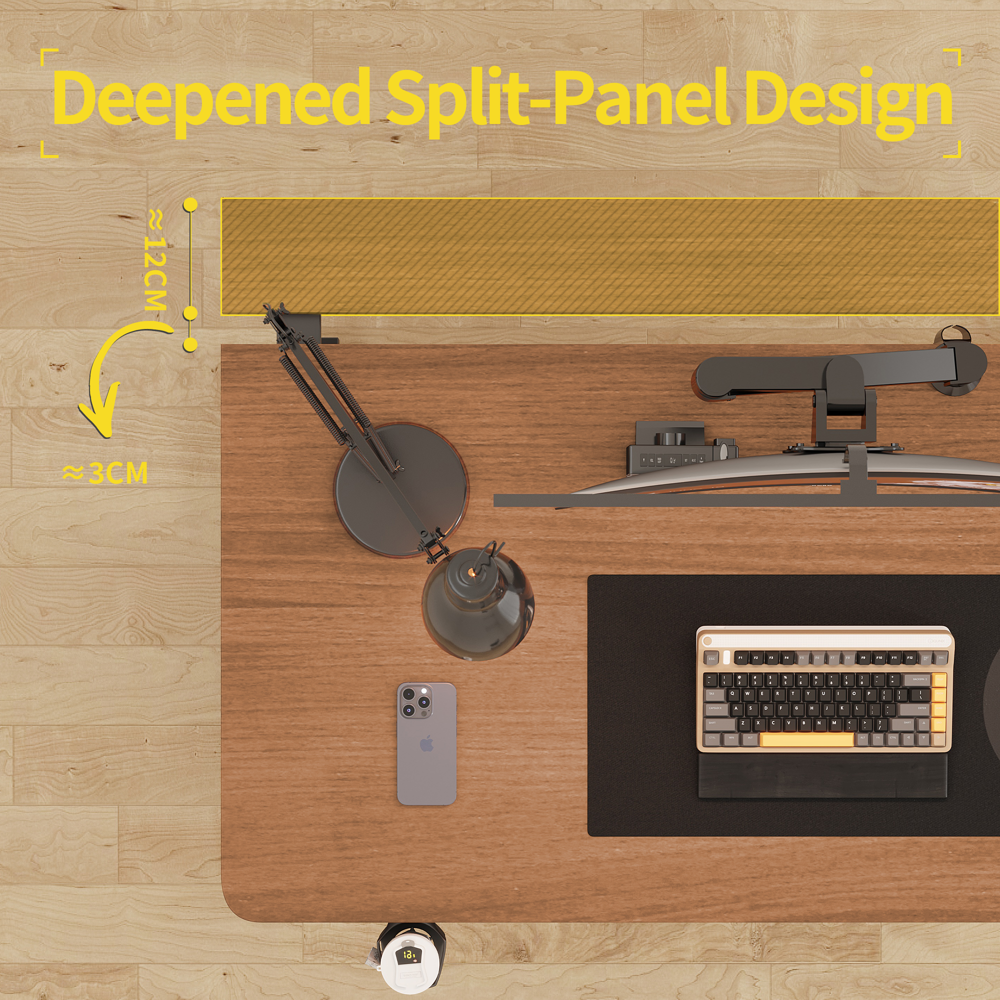 Walnut S3 gaming desk with deepened split-panel design, monitor, keyboard, and lamps in a top-down view.