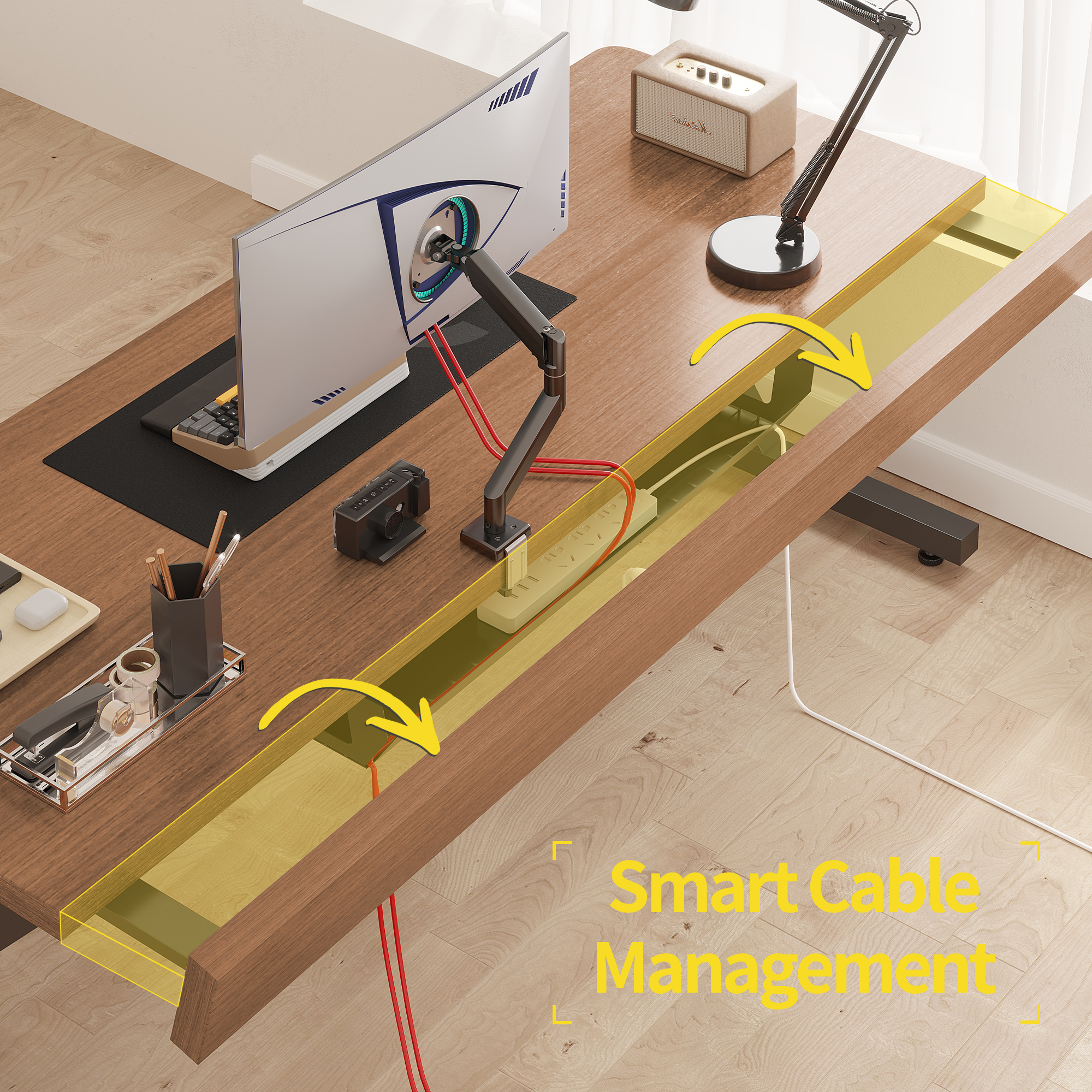 Walnut S3 gaming desk with built-in cable management trough, showcasing a clean, organized setup.