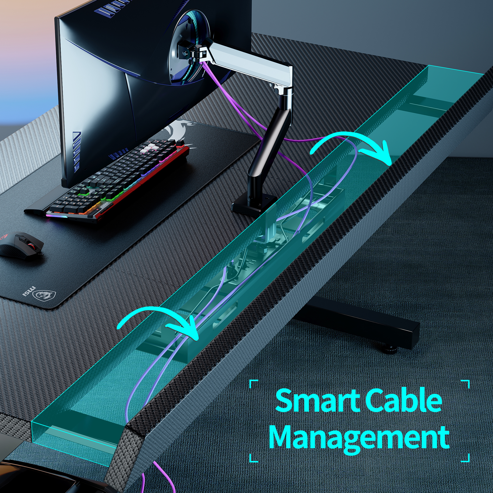 Side view of the split-panel desk design highlighting the recessed front area for improved ergonomics.