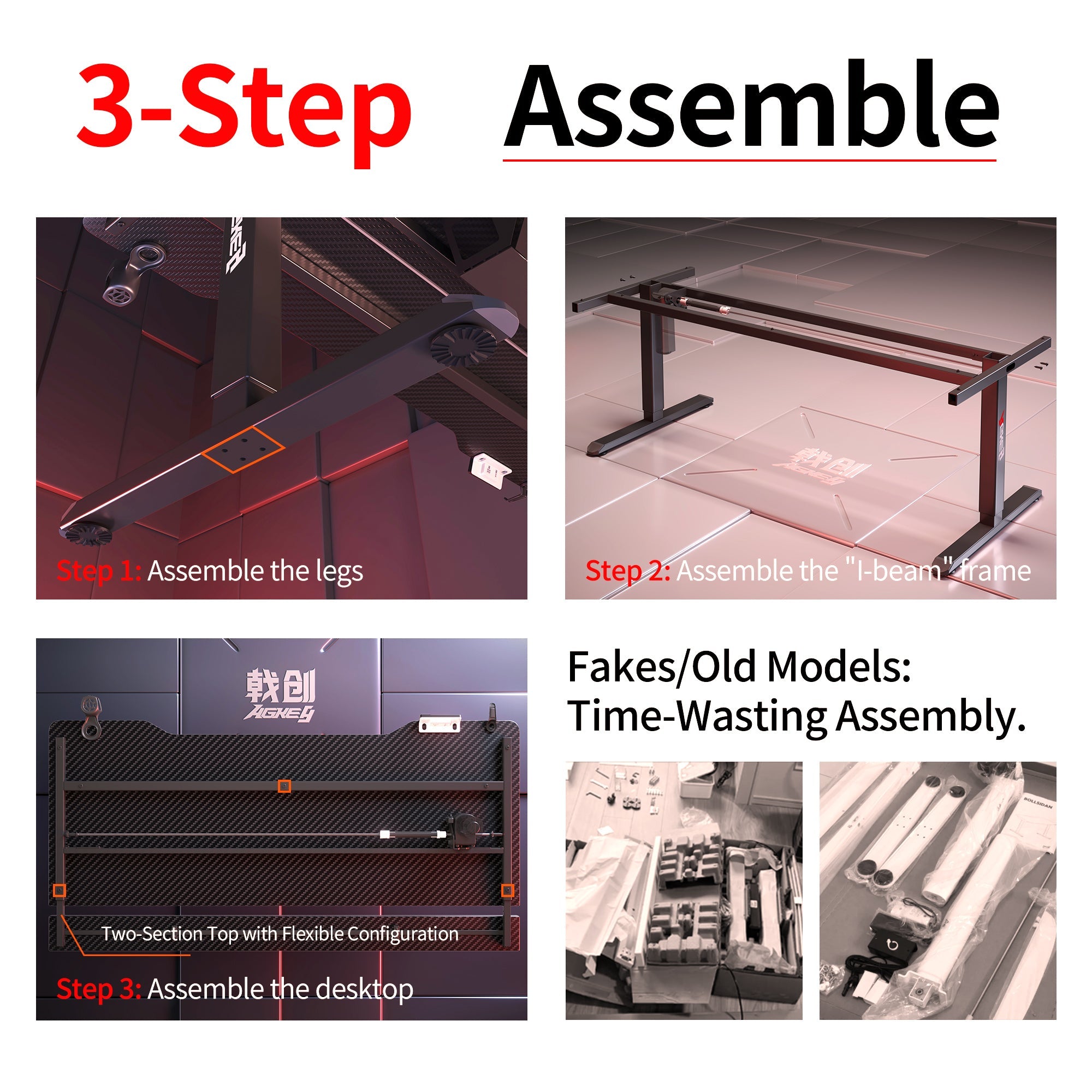 K1 Electric Standing Desk 3-step assembly: black frame, carbon fiber desktop. Easy & quick setup.
