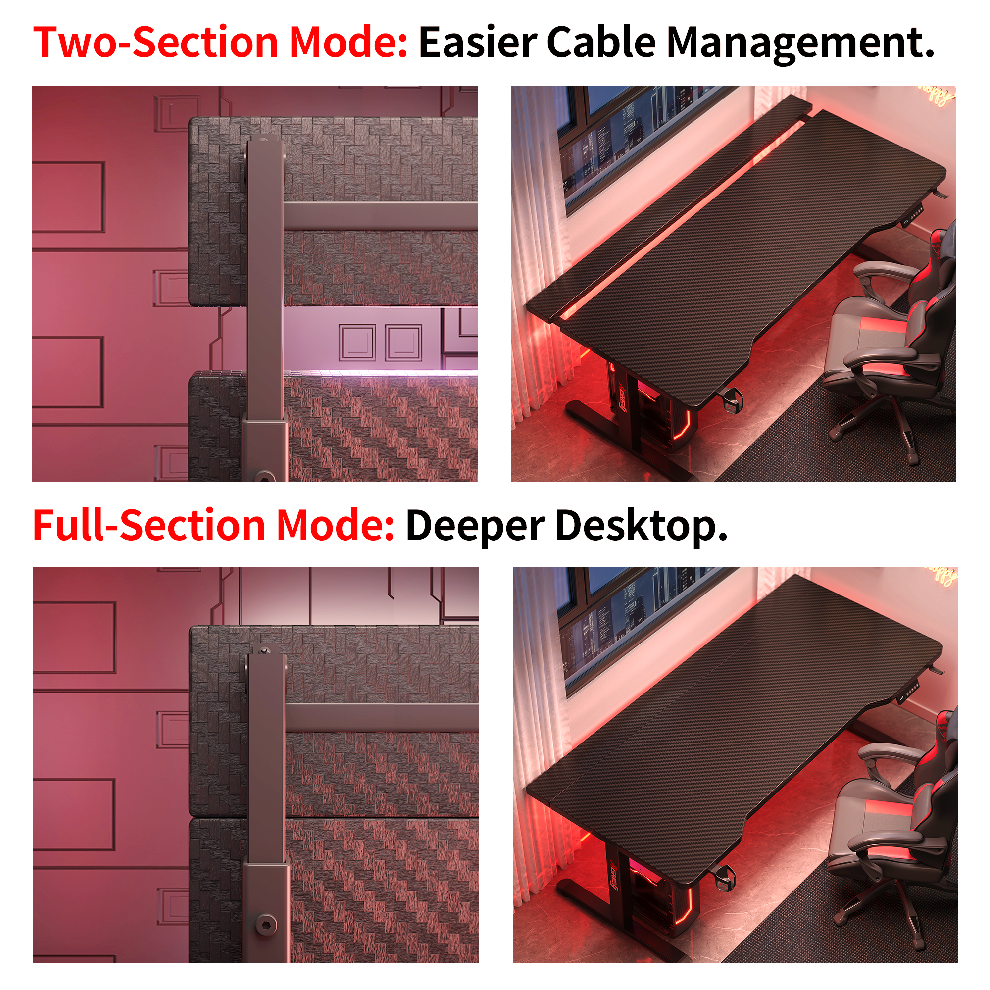 Black carbon fiber standing desk with red LEDs, showing two-section cable management and full-section for deeper desktop.