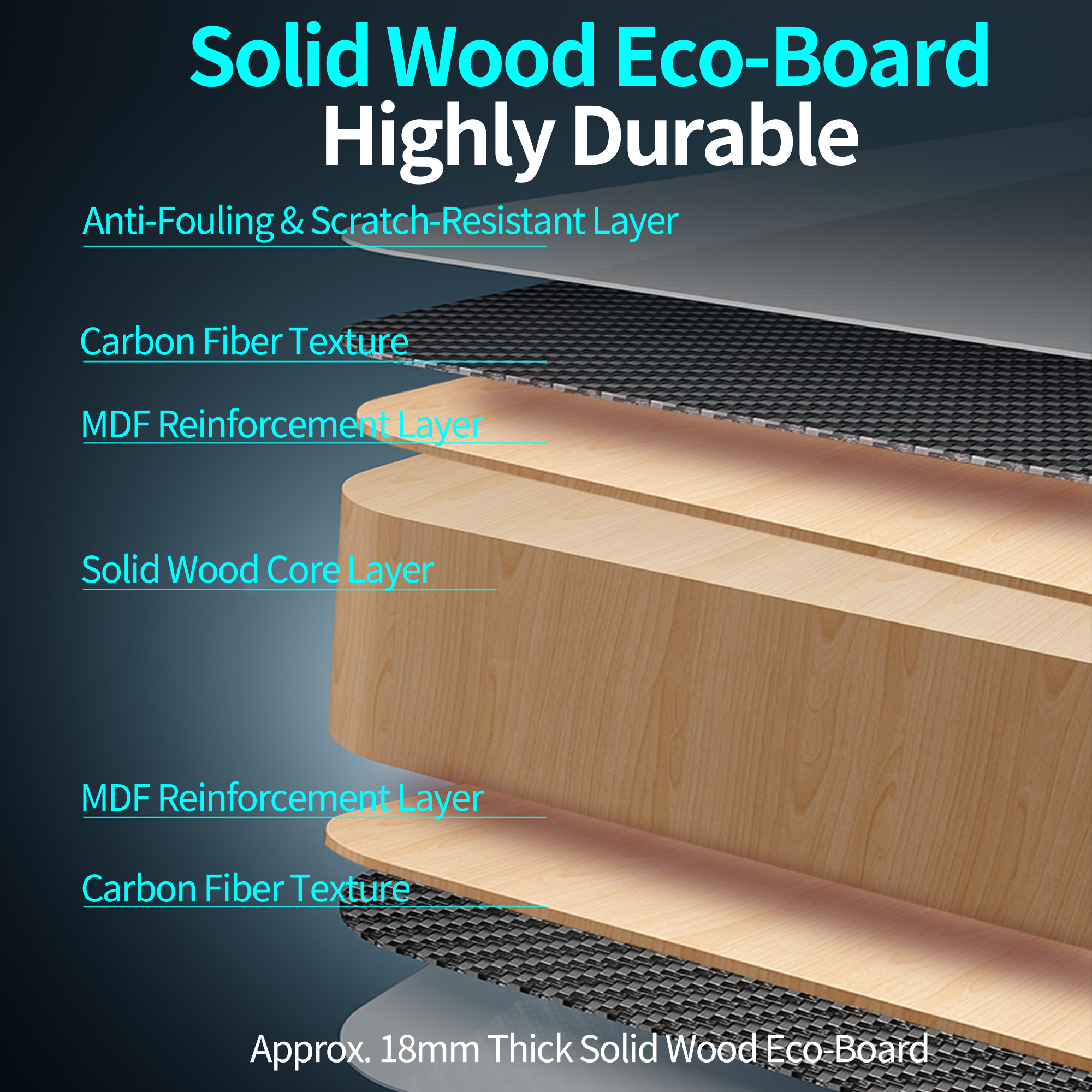 Layered structure of the solid wood eco-board showing carbon-fiber surface and reinforced core layers.