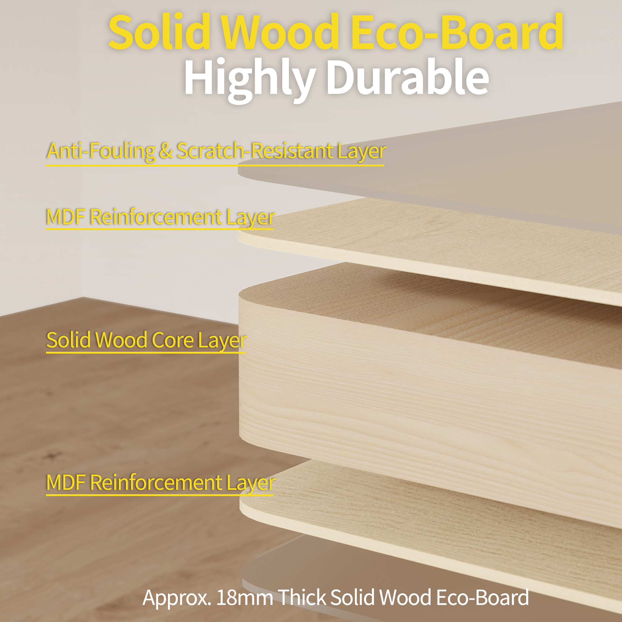 18mm multi-layer solid wood eco-board cross-section with light wood grain, anti-scratch top, and MDF reinforcement.