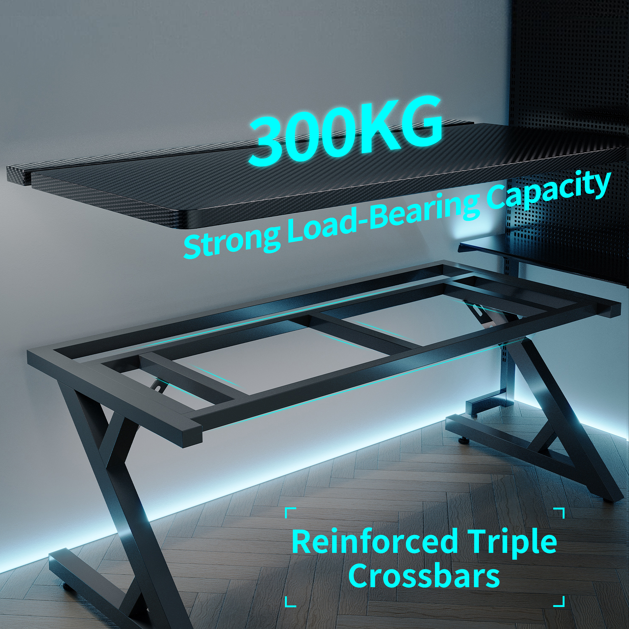 Reinforced steel frame with triple crossbars supporting the gaming desk for enhanced stability.