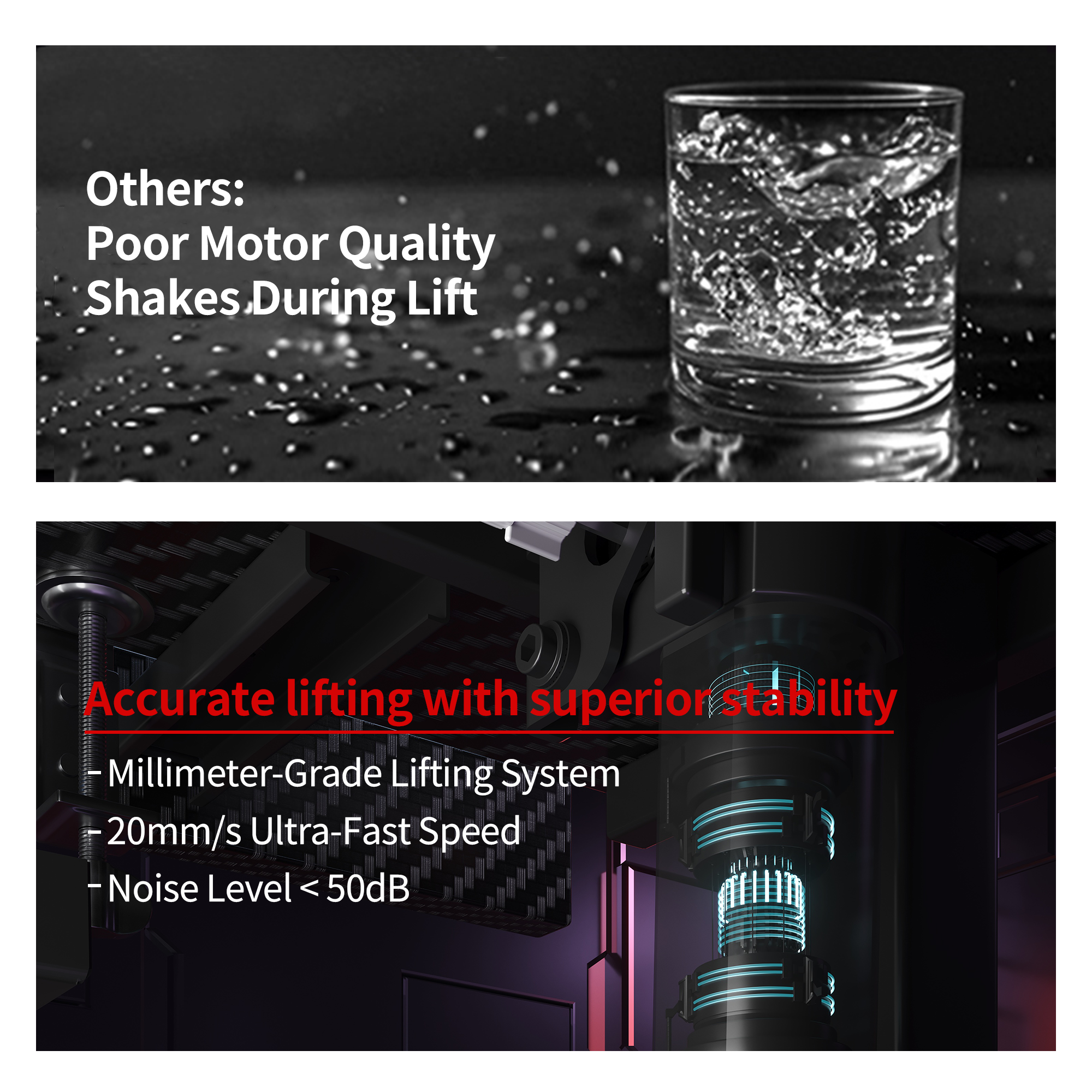 K1 electric standing desk; stable, accurate, millimeter-grade lifting system with 20mm/s speed & low noise.