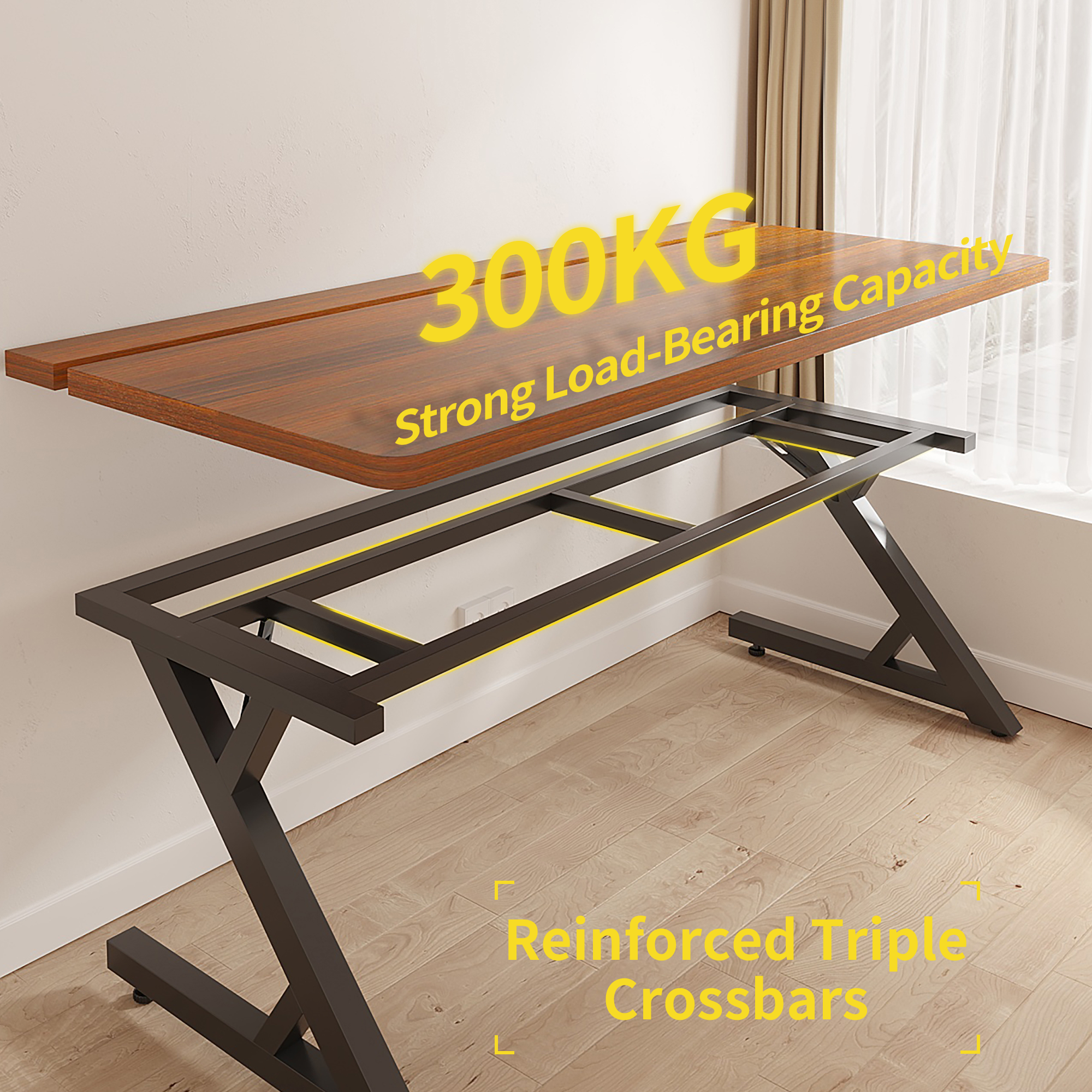 Walnut S3 Gaming Desk, sturdy Z-shaped metal frame with reinforced triple crossbars.