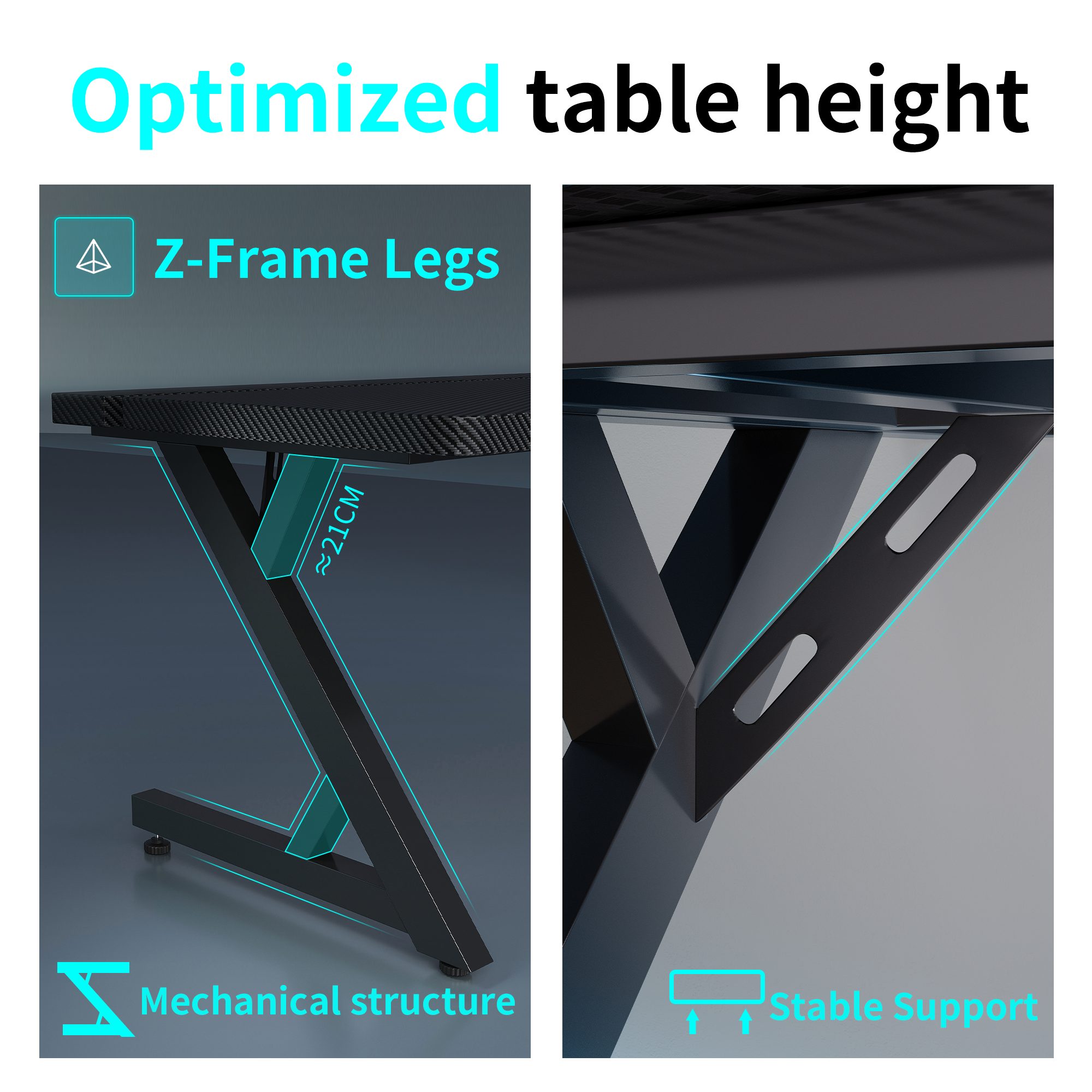 Z-shaped support legs and angled structural braces providing mechanical stability for the desk.