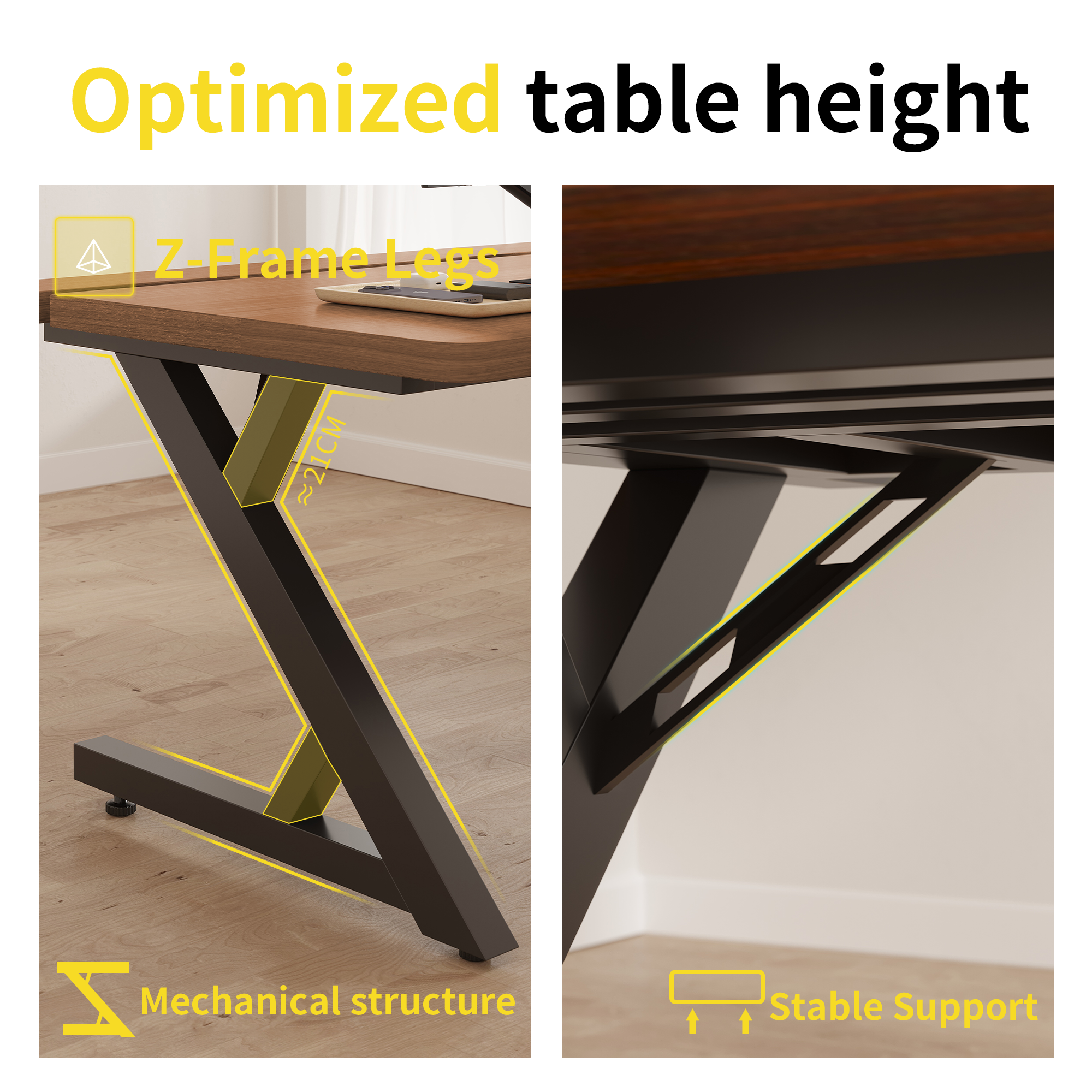 Walnut S3 gaming desk with black Z-frame legs, showing stable mechanical support & optimized height.