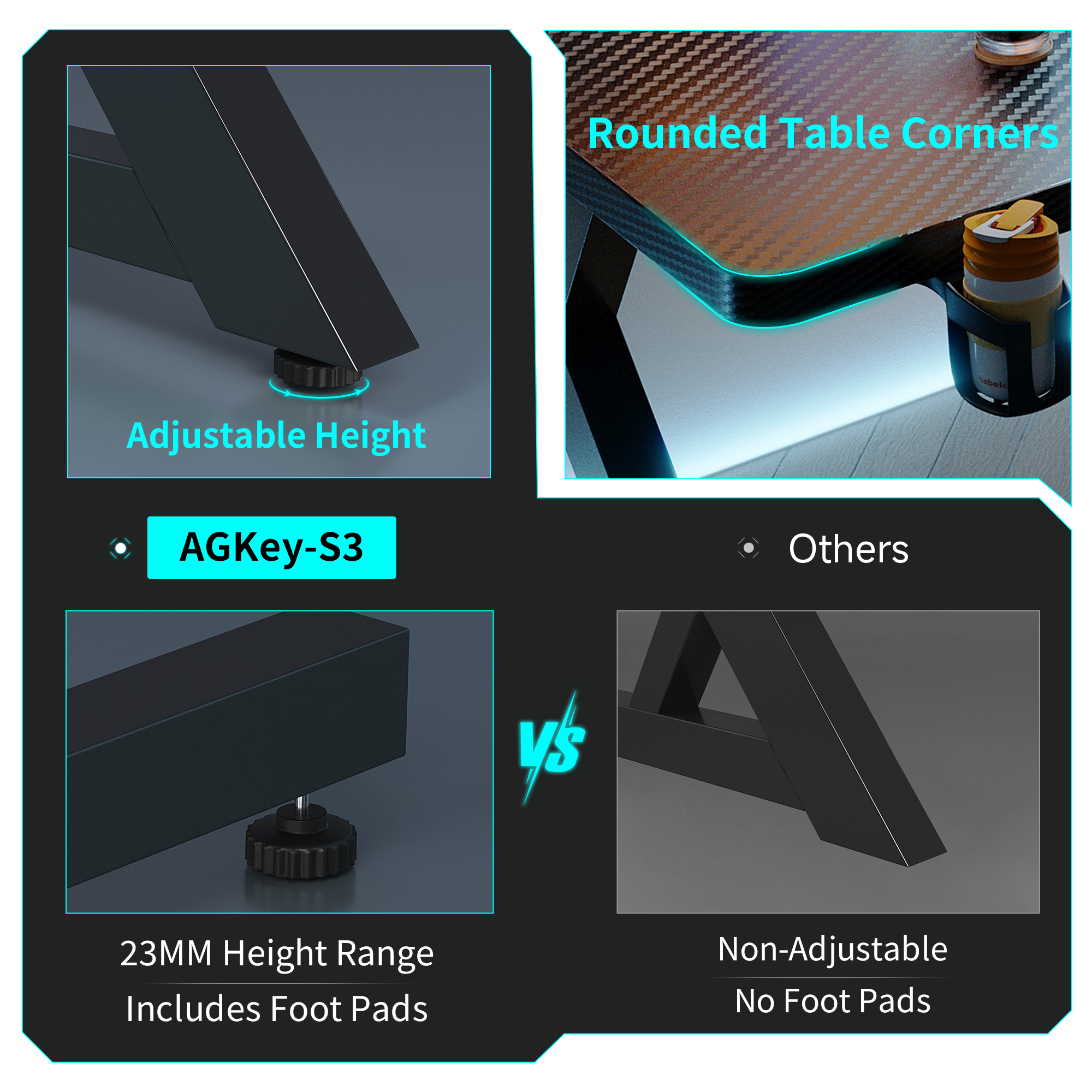 Rounded desktop corners and adjustable foot pads designed for safe and stable desk placement.