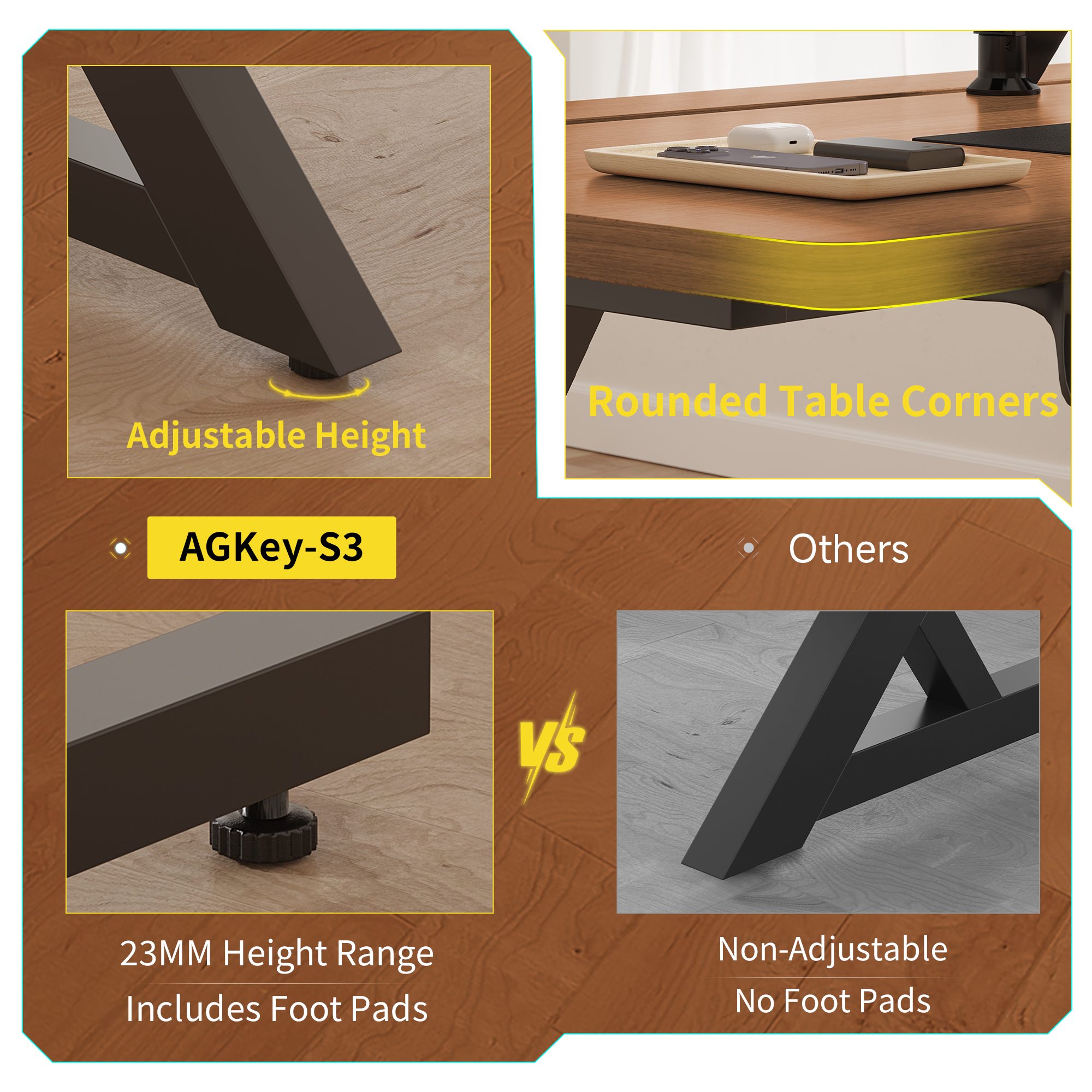 Walnut S3 gaming desk with adjustable height foot pads and rounded corners.