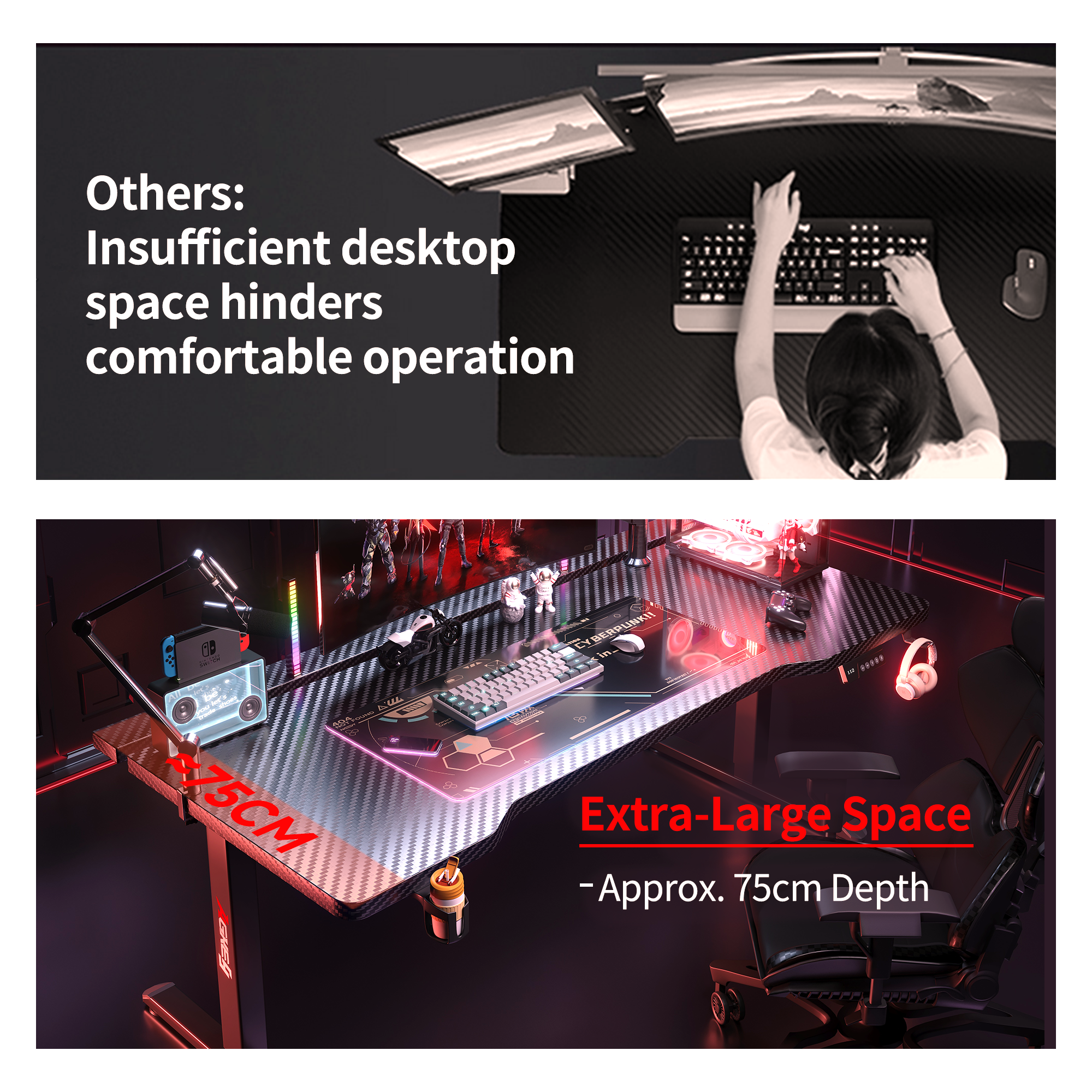 Large carbon fiber gaming desk, 75cm deep, demonstrating spacious setup for comfortable operation.
