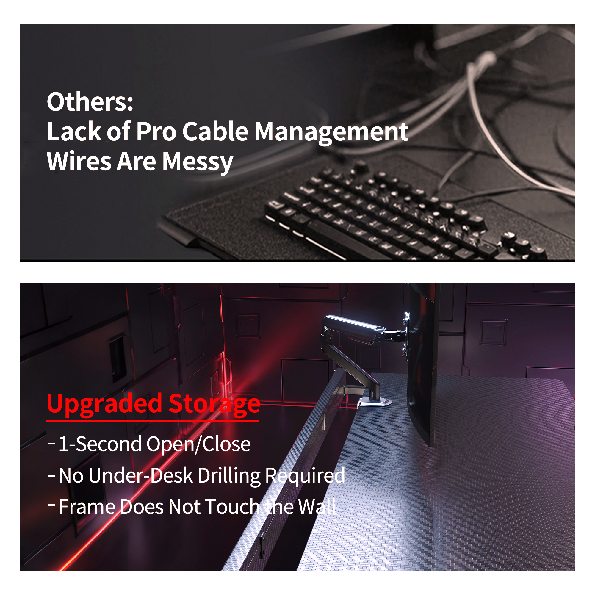 Dark carbon fiber textured electric standing desk with monitor arm, emphasizing superior cable management.