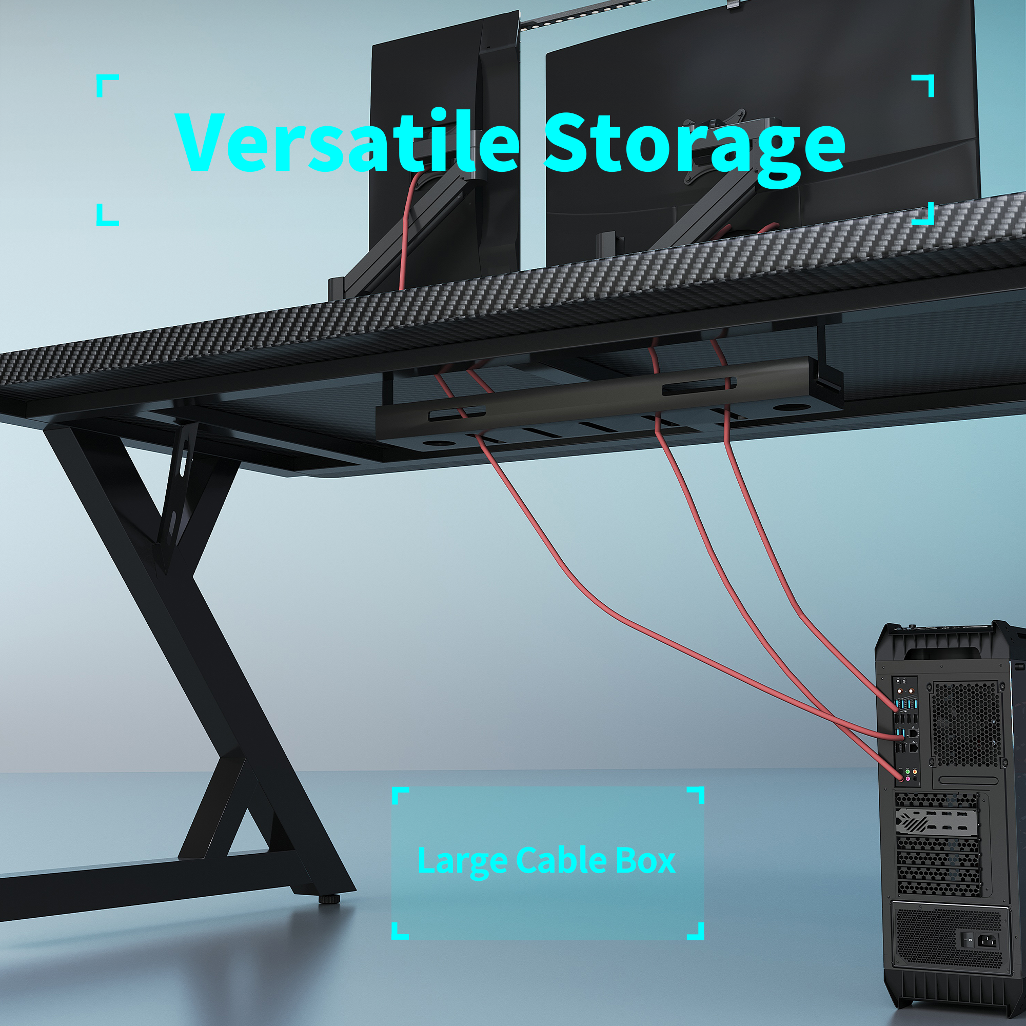 Black carbon fiber gaming desk, showcasing versatile under-desk cable management and a large cable box.