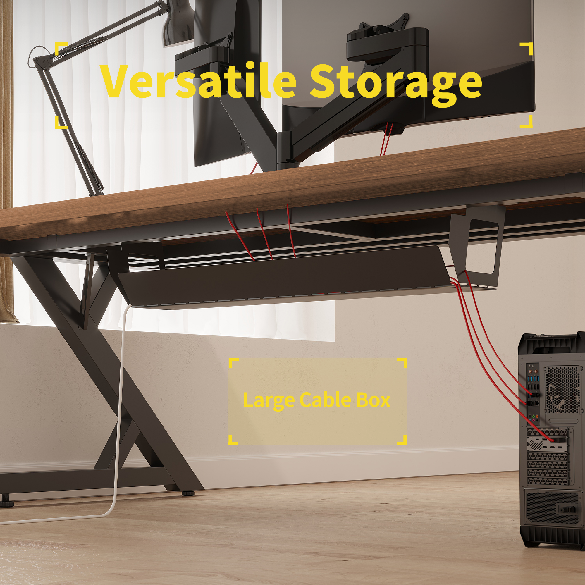 S3 Walnut gaming desk with versatile storage: monitor arm, large cable box, & tidy red cable management.