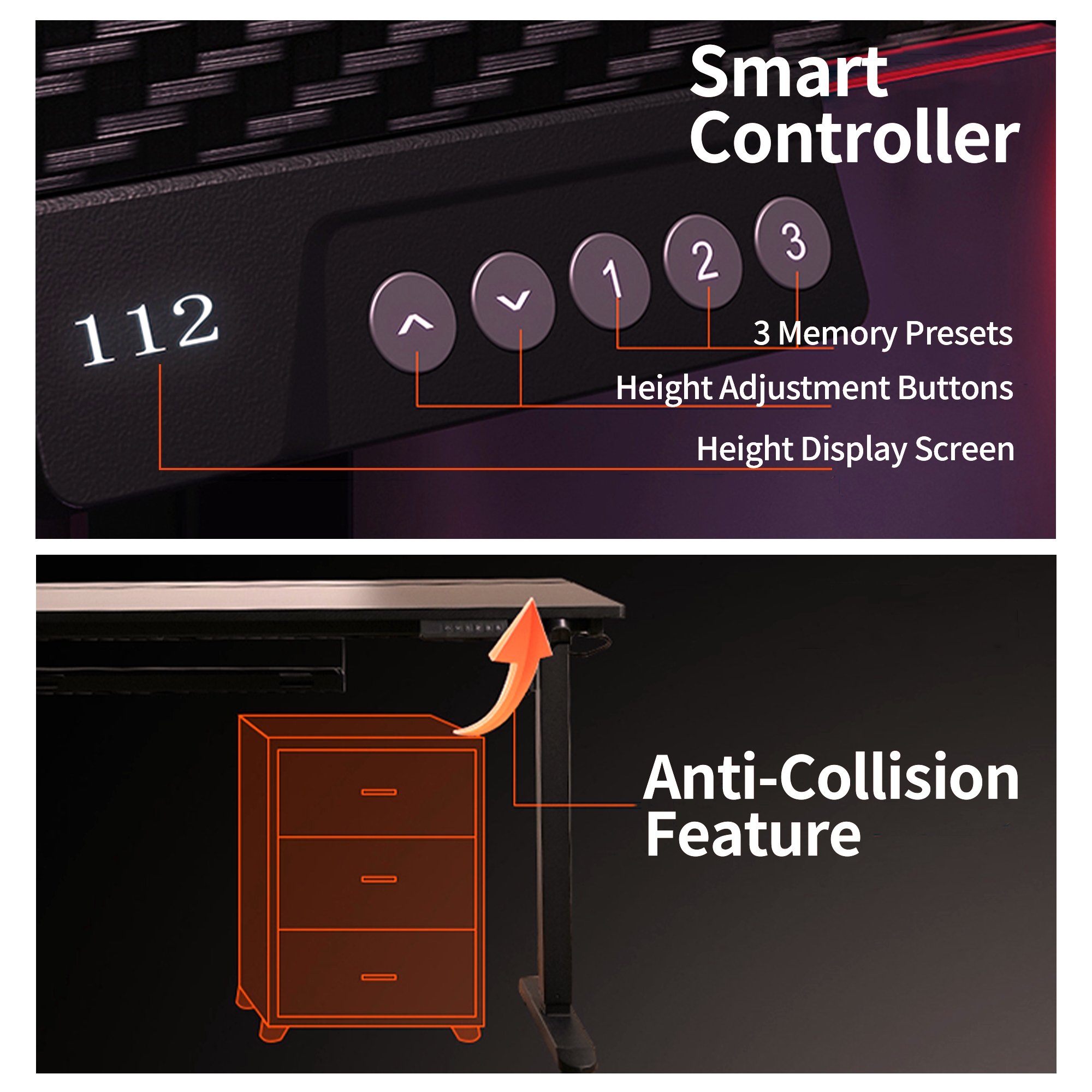 K1 Electric Standing Desk smart controller with height display '112', 3 presets, adjust buttons & anti-collision feature with cabinet.