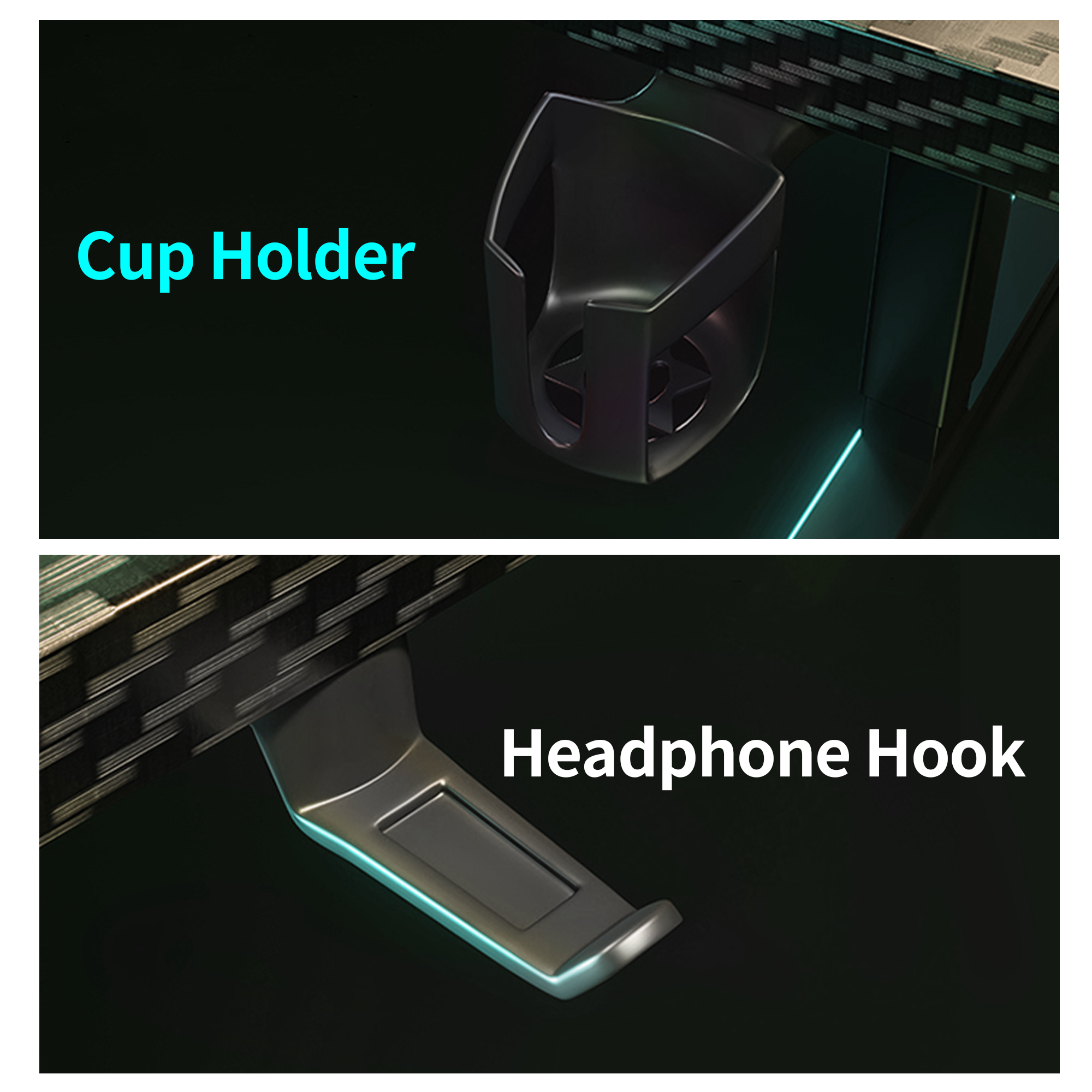 Cup holder and headphone hook accessories mounted under the gaming desk for added convenience.