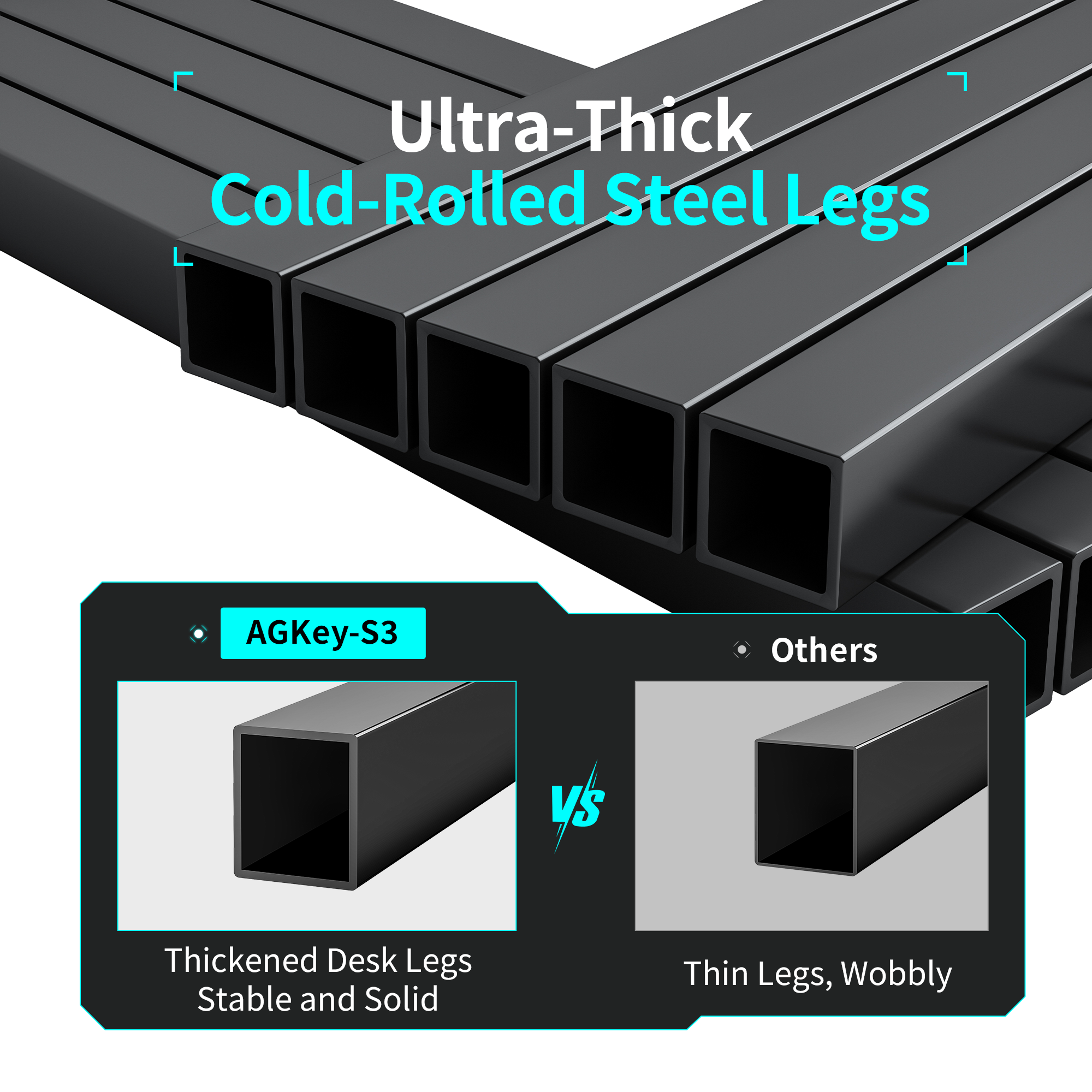 Thick cold-rolled steel desk legs compared to thinner unstable alternatives.