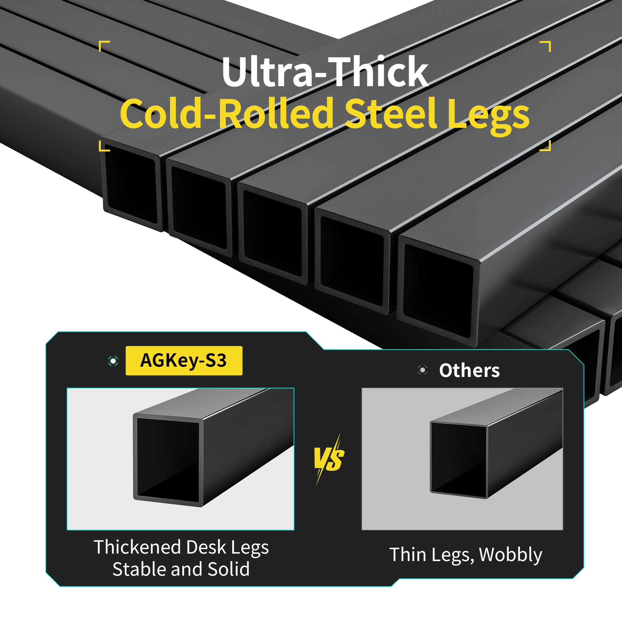 Dark grey, ultra-thick cold-rolled steel square legs for S3 Gaming Desk, emphasizing stable and solid construction.