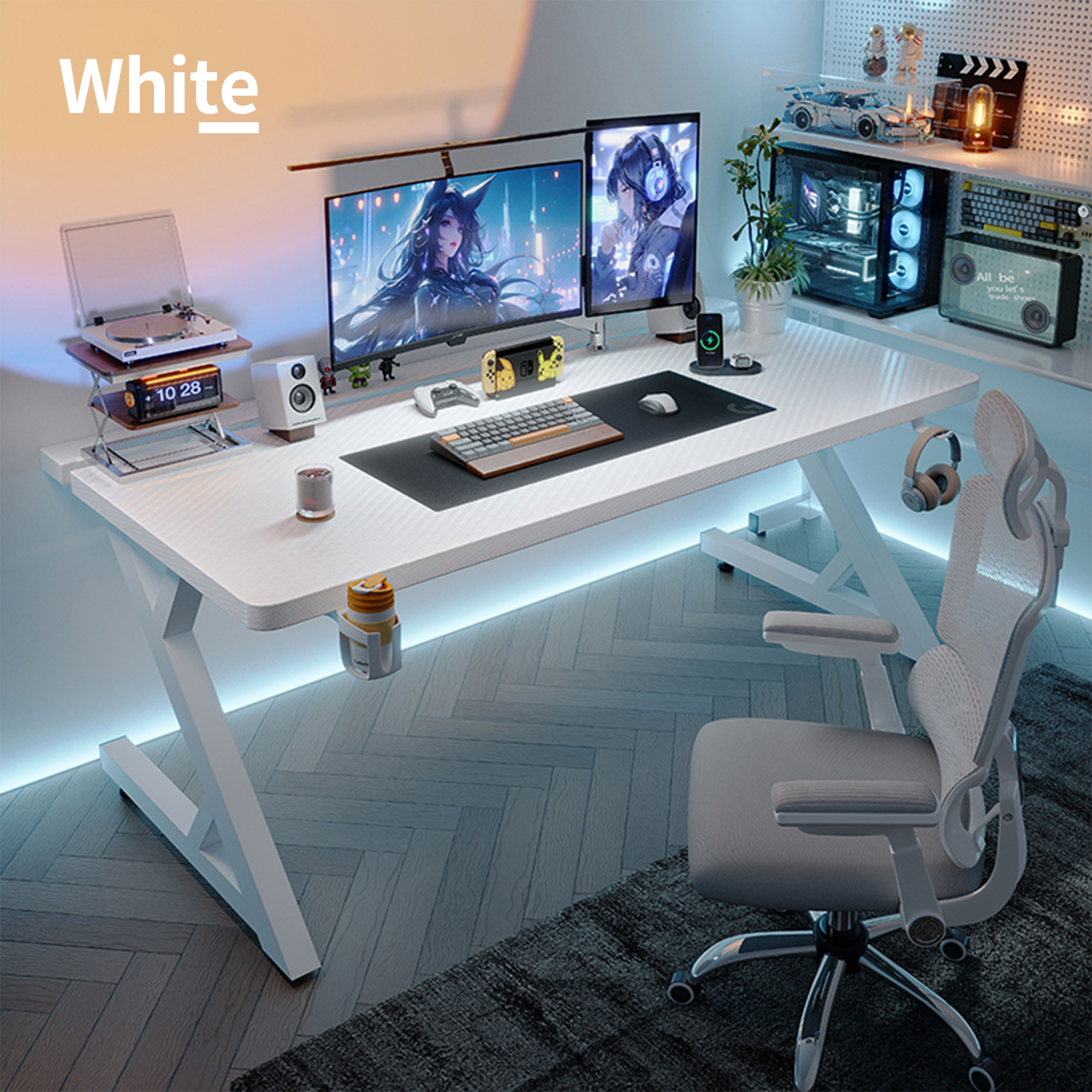 White gaming desk setup with dual monitors, clean desktop surface, and matching ergonomic chair.