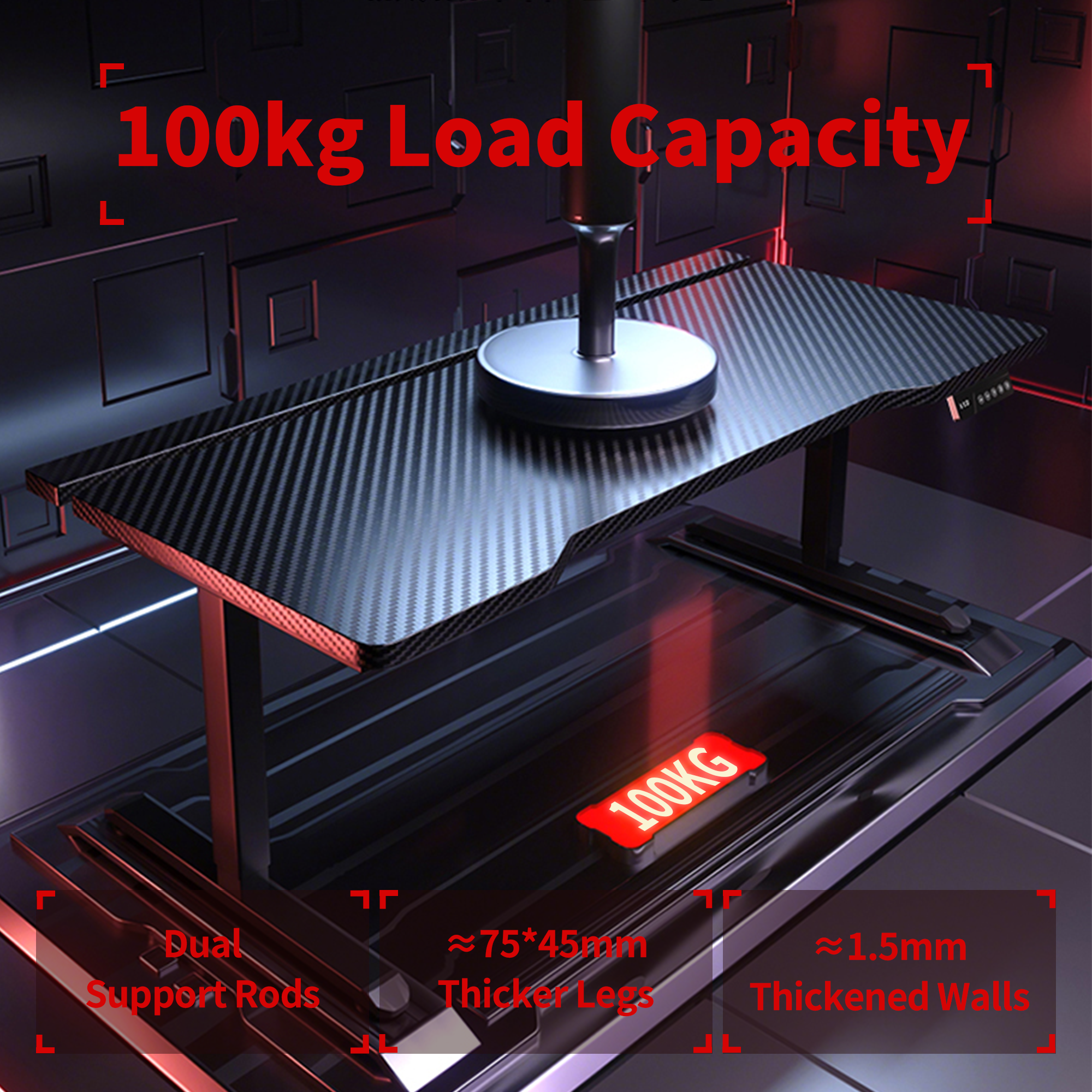 K1 Electric Standing Desk with carbon fiber top, black frame, 100kg load capacity, dual support rods.