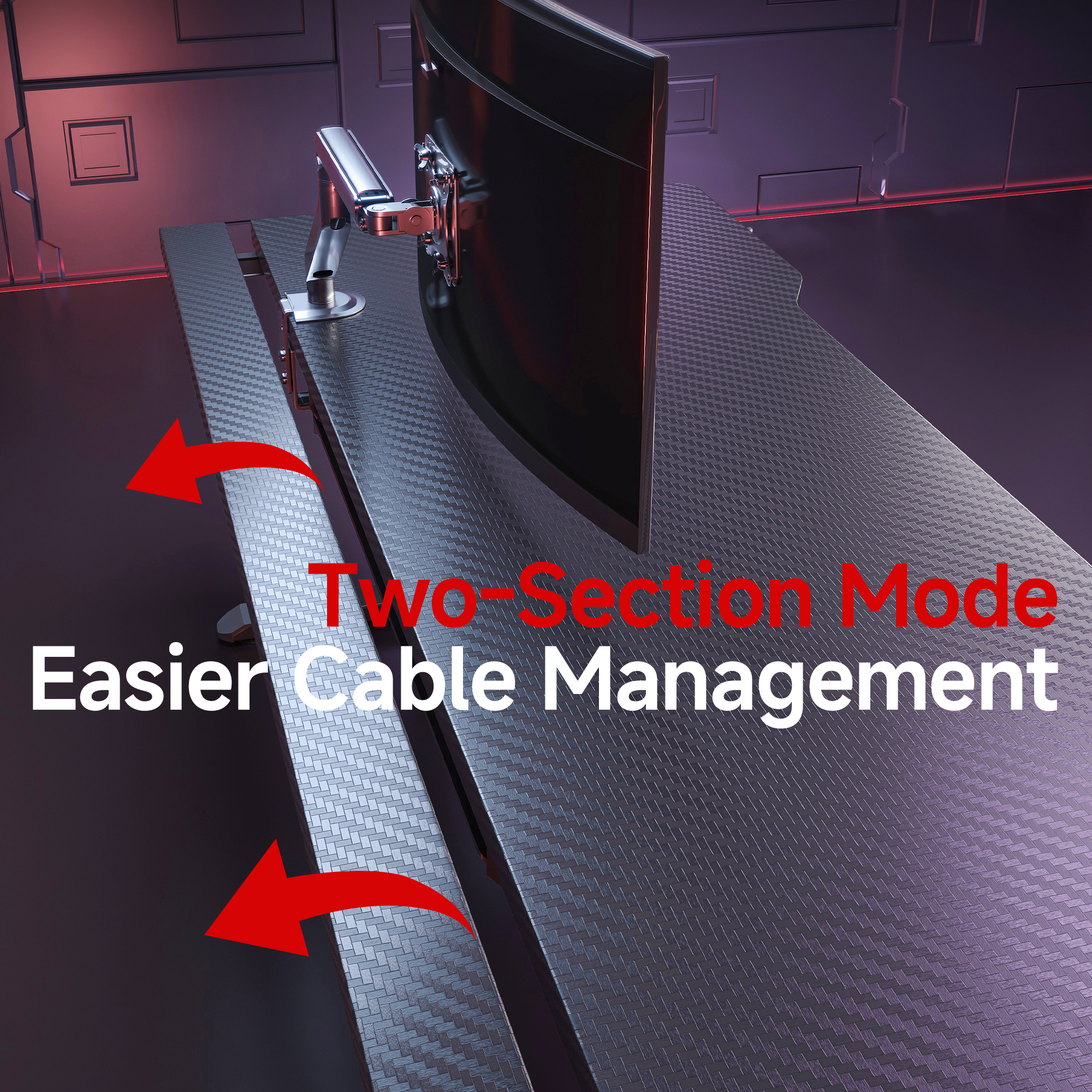 Dark carbon fiber electric standing desk with two-section mode, open for easier cable management, featuring a monitor arm.