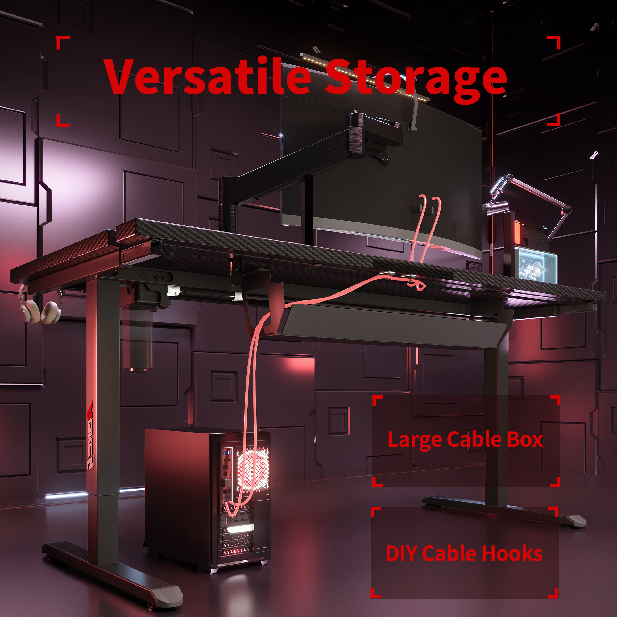 Carbon fiber K1 Electric Standing Desk with large cable box, DIY hooks, headphone storage, and gaming PC setup.