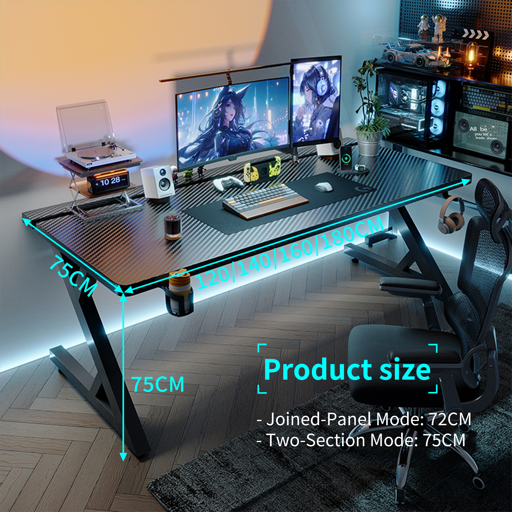 Black gaming desk size chart with width variations and standard 75cm desk height.