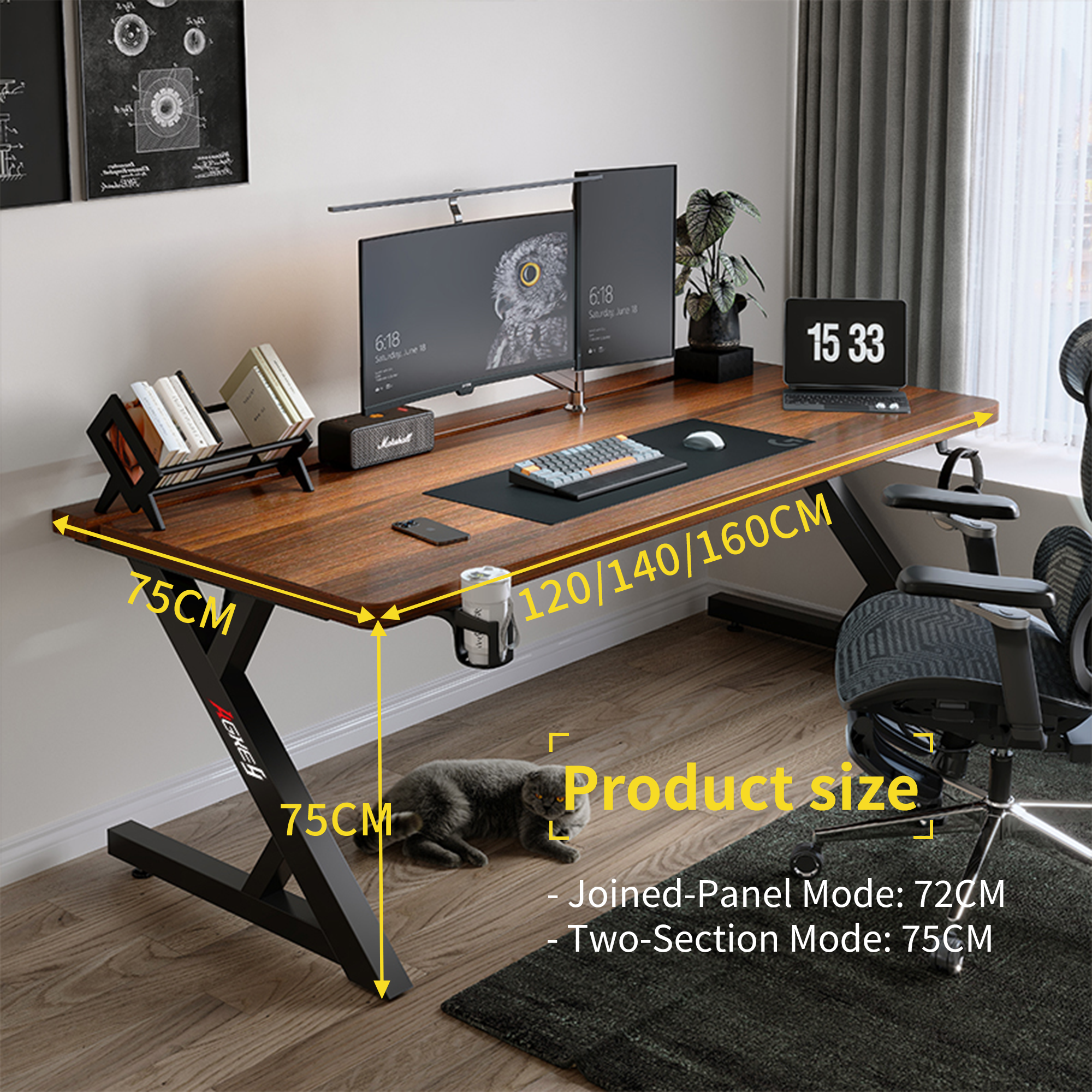 S3 Walnut gaming desk with black Z-legs, dual monitors, keyboard, and cup holder. Dimensions 120/140/160x75x75cm.