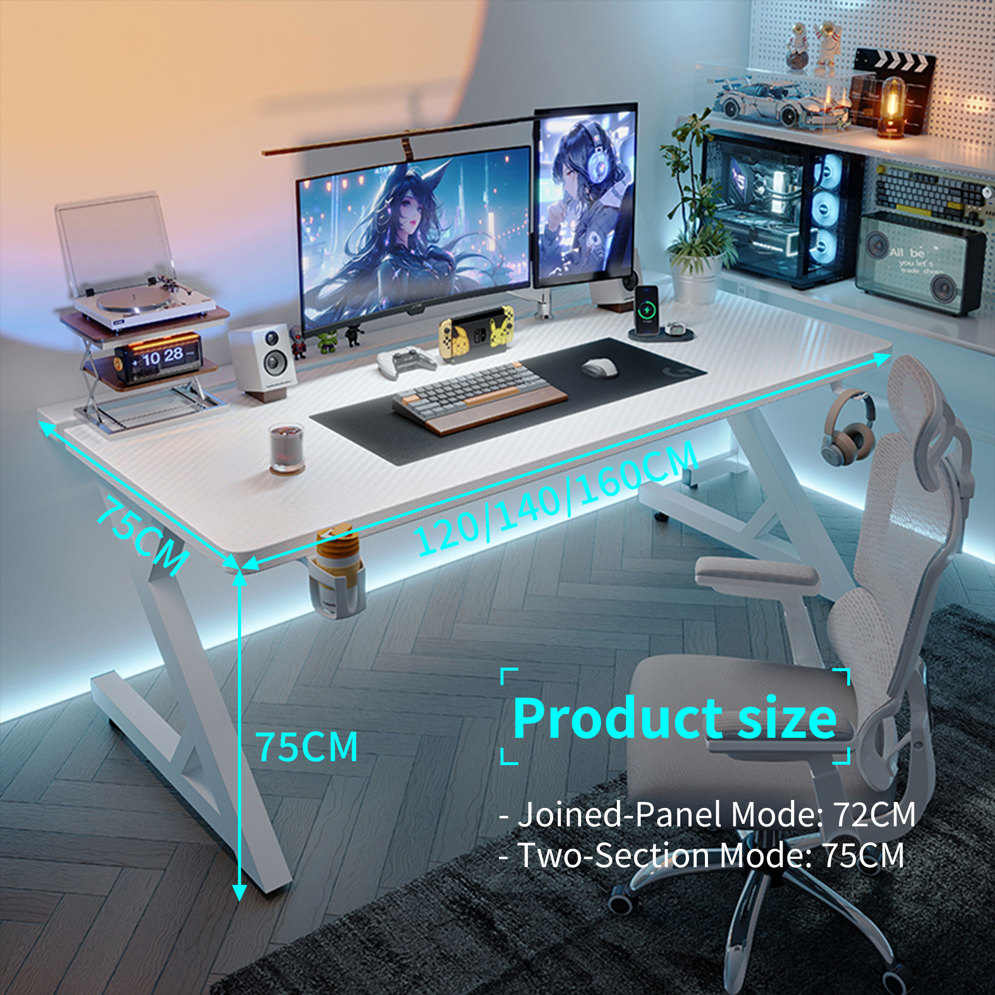 White S3 gaming desk with carbon fiber texture, Z-legs, 120/140/160CM length, 75CM depth/height, modern setup.