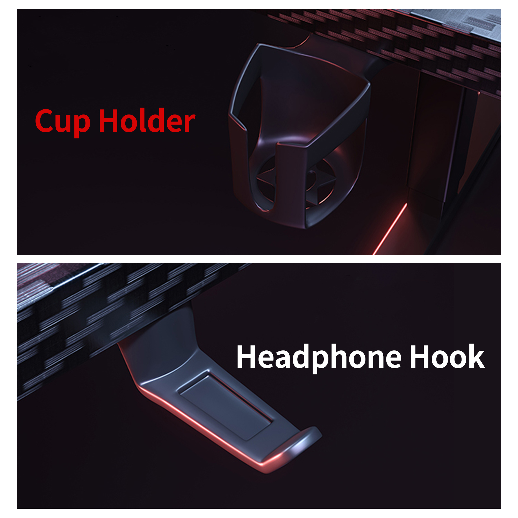 K1 Electric Standing Desk carbon fiber top with dark cup holder & headphone hook, red accent lighting