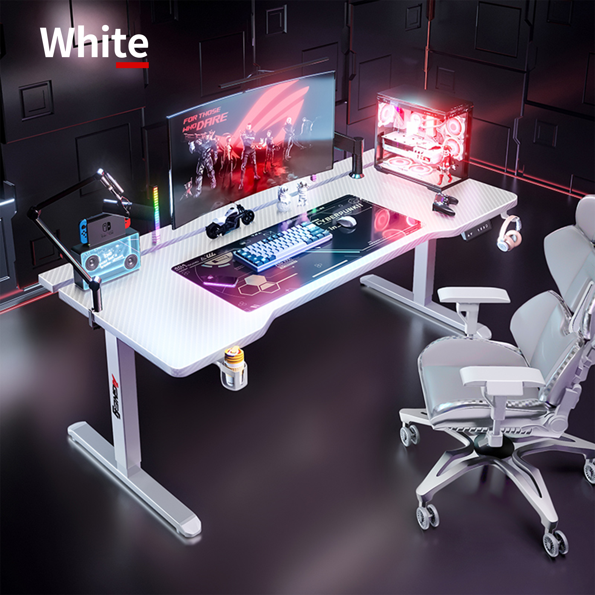 White K1 Electric Standing Desk with a detailed gaming setup, glowing PC, monitor, keyboard, and ergonomic chair.