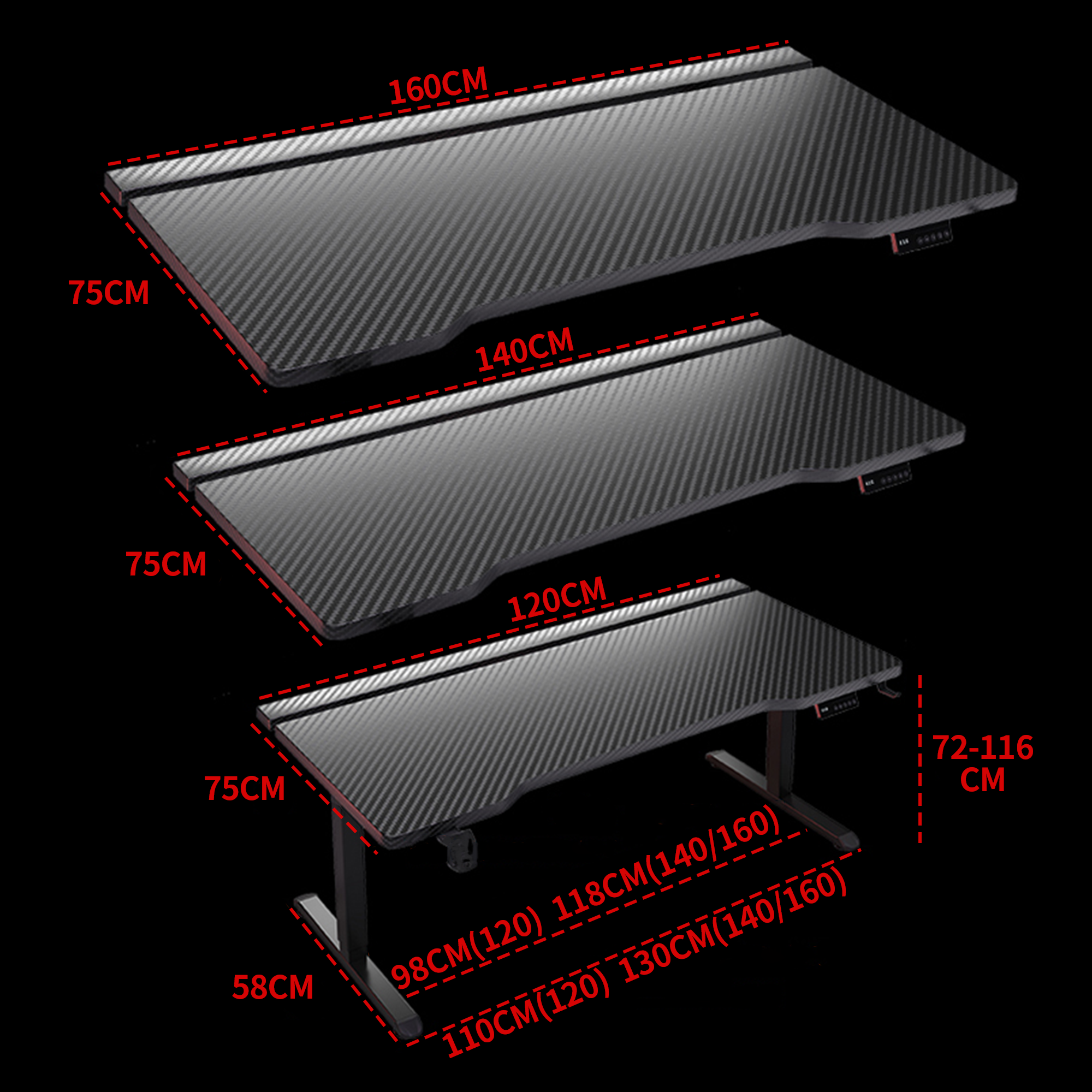 Black K1 Electric Standing Desk with carbon fiber top. Available in 120, 140, 160cm lengths, 75cm deep, 72-116cm height.