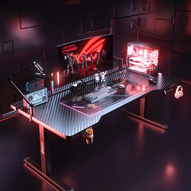 AGKey K1 Black standing desk top view showing carbon fiber desktop with PC tower, monitor, keyboard and professional workspace accessories