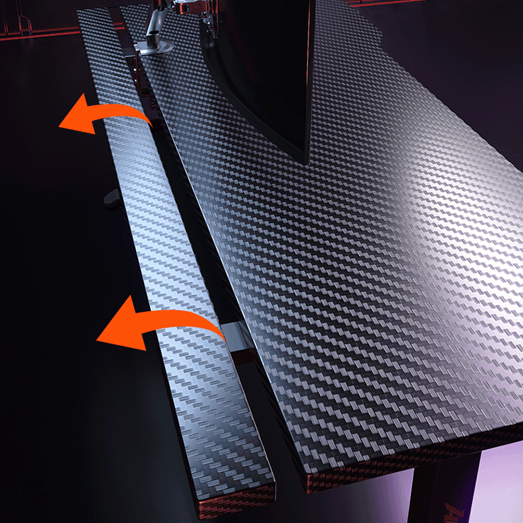 Carbon fiber K1 Standing Desk surface, adjustable black & grey desk panel with orange arrows.