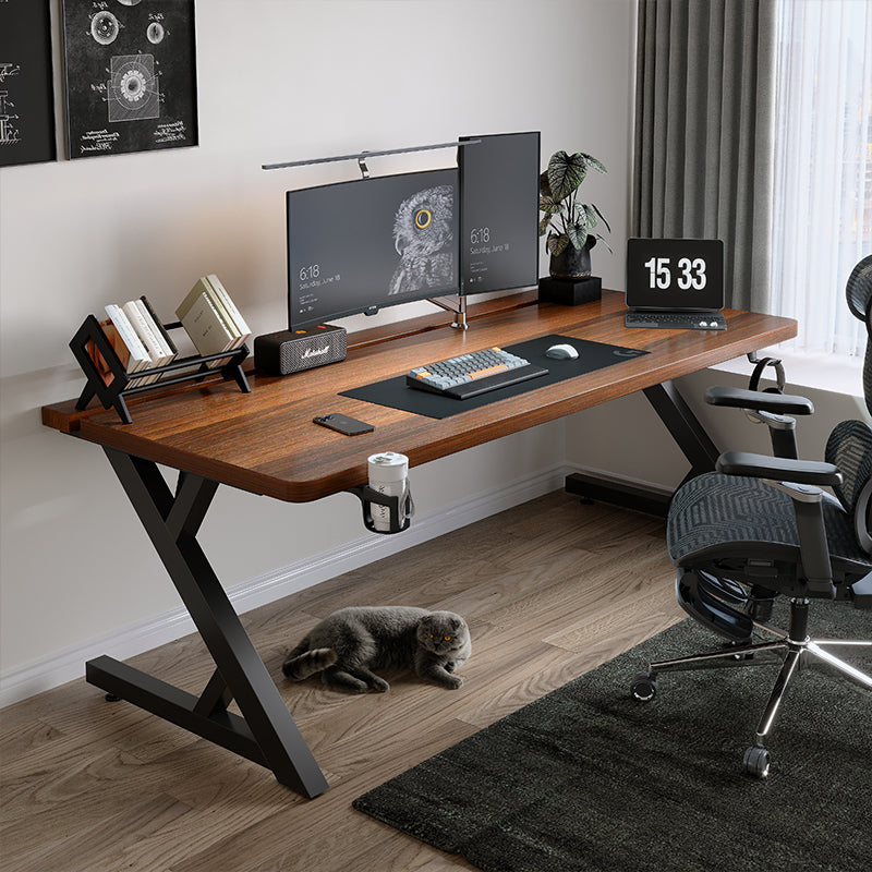 S3 Walnut Gaming Desk with dual monitors, gaming setup, book rack, and cup holder. Features black Z-shaped legs.