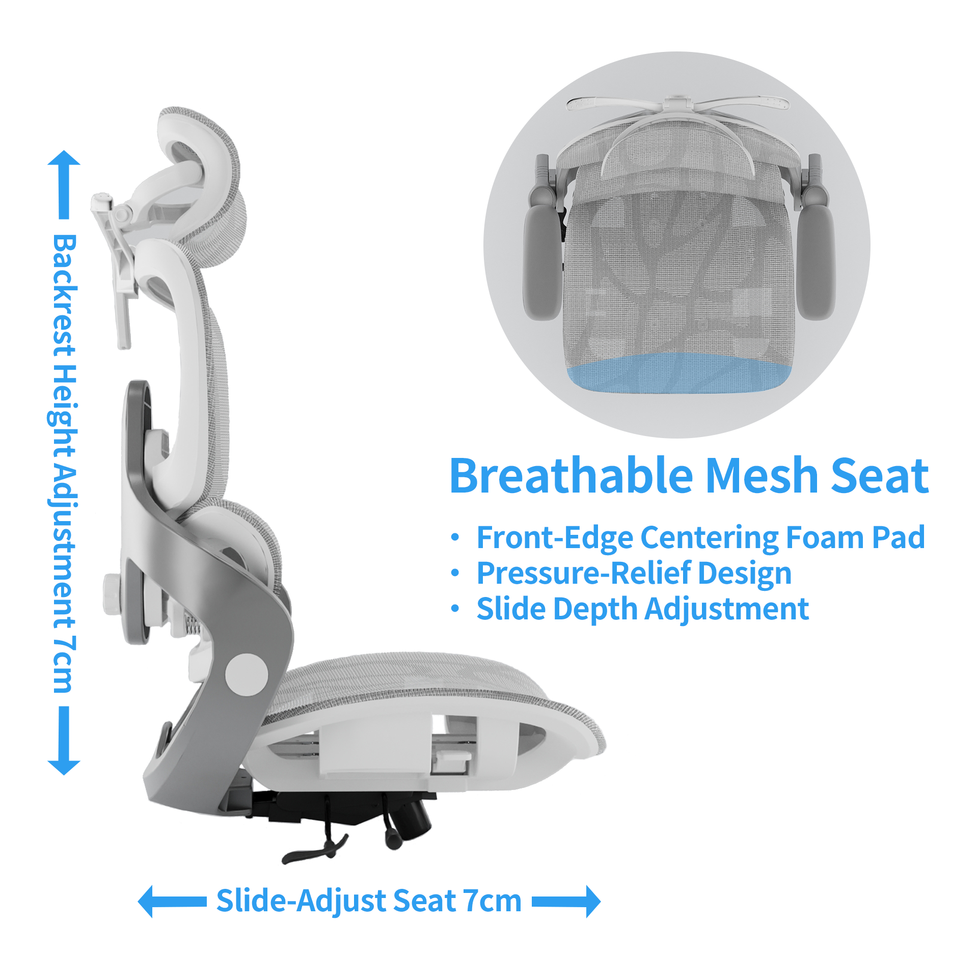 White/grey Sylph ergonomic chair with breathable mesh seat, pressure-relief design, 7cm height/depth adjustments.