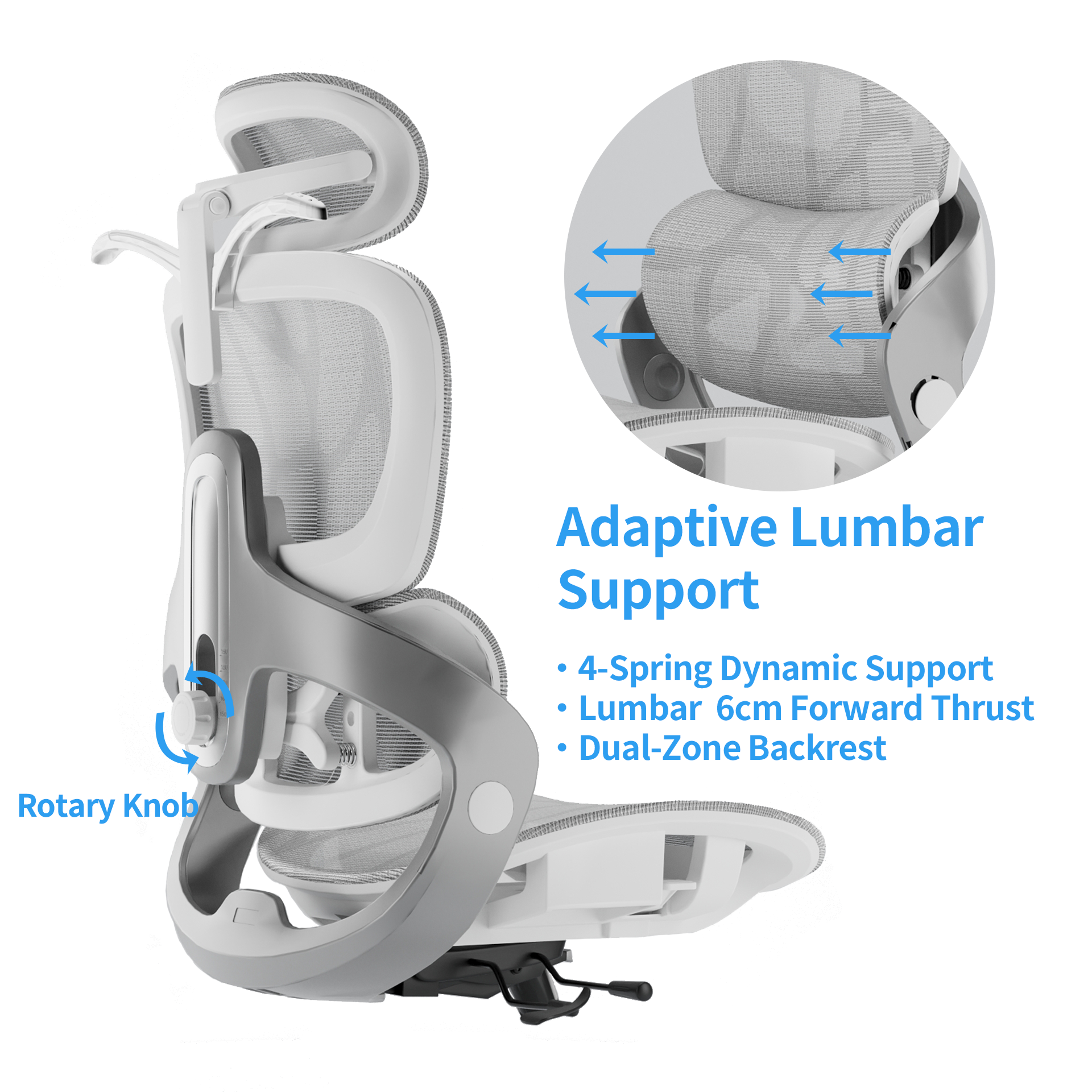 Adjustable lumbar support with four-spring system – ensures lower back support in Aerlume ergonomic office chair