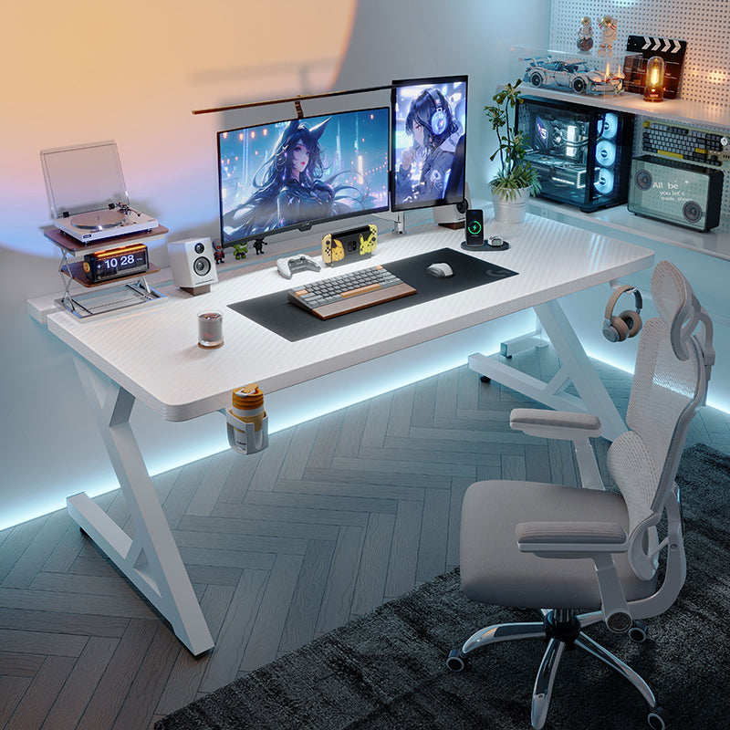 White S3 gaming desk with Z-shaped legs, subtle textured surface, and integrated blue LED ambient lighting.