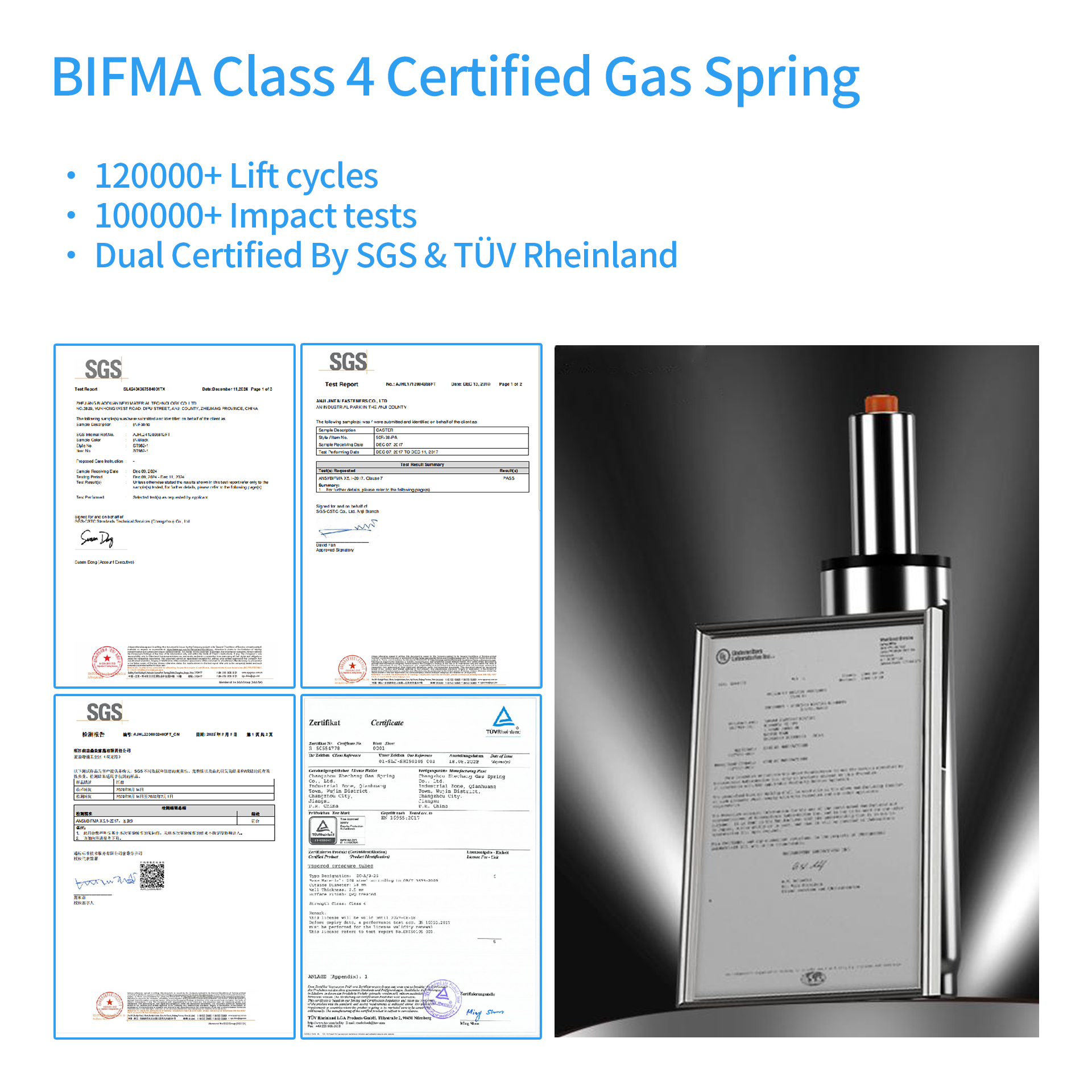Metallic BIFMA Class 4 gas spring with SGS & TÜV Rheinland certification documents for Sylph ergonomic chair.